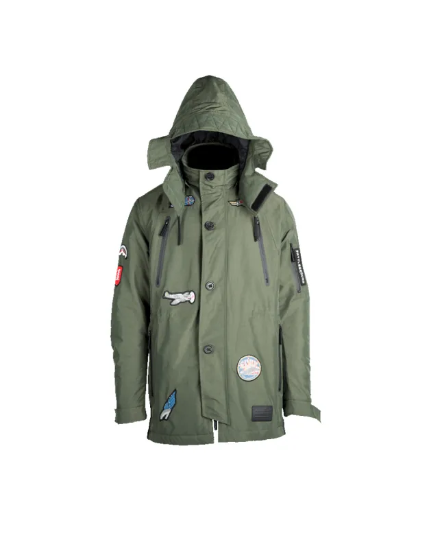GREEN ARMY PATCHES LONG PARKA HOODY MENS (SIZE SMALL) sold by Sprayground