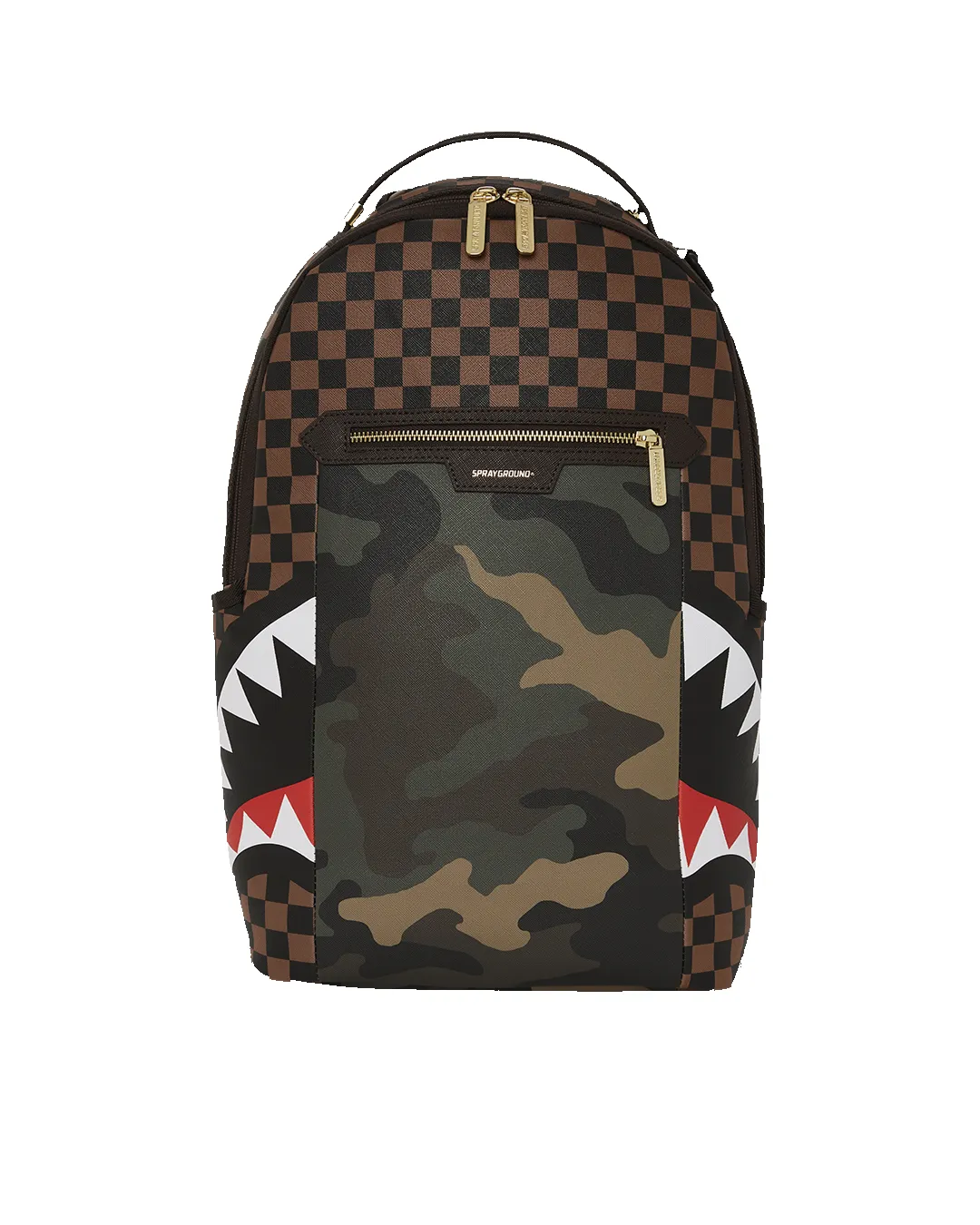 EXTERIOR GOLD ZIP POCKET SHARKS IN PARIS BACKPACK (DLXV) sold by Sprayground