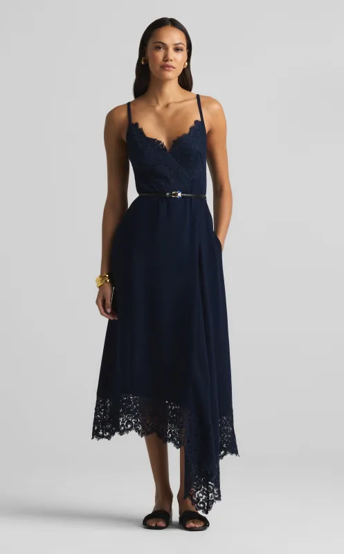 Lindsey Dress in Lace and Satin Back Crepe sold by St. John