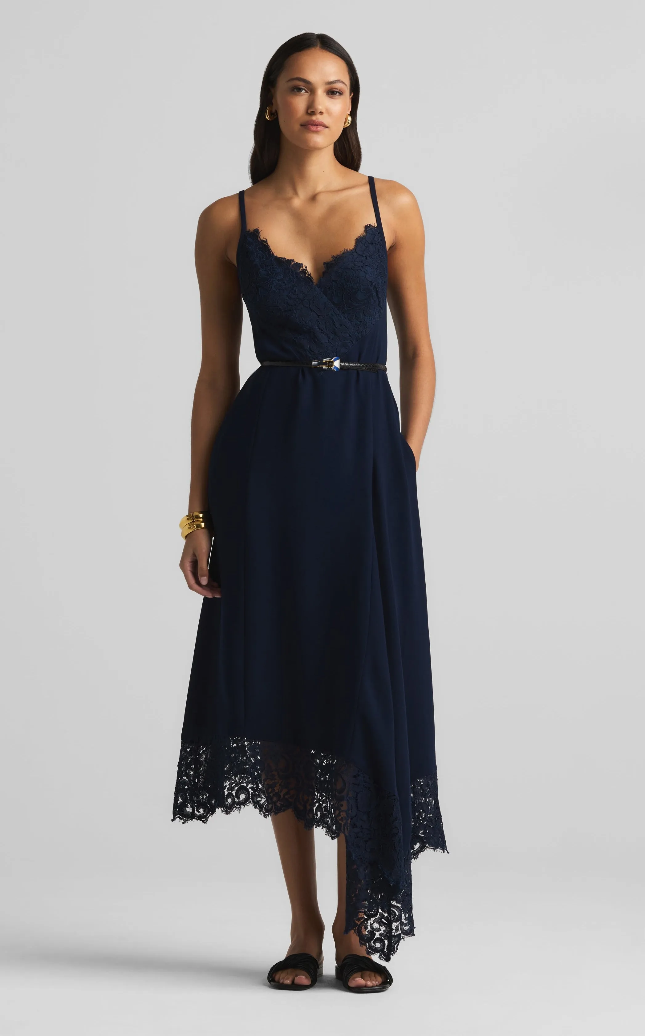 Lindsey Dress in Lace and Satin Back Crepe sold by St. John