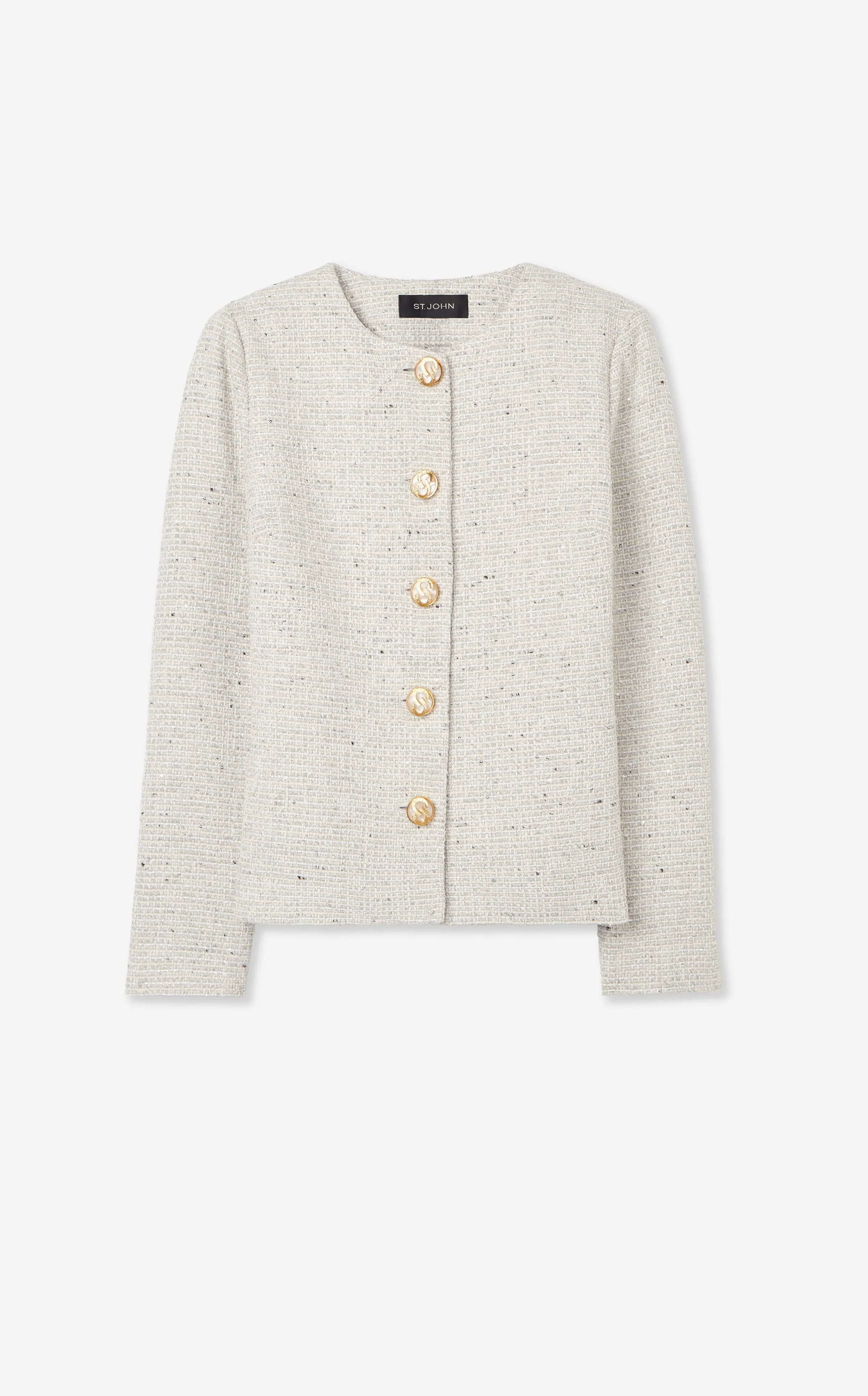 Collarless Sequin Knit Jacket sold by St. John