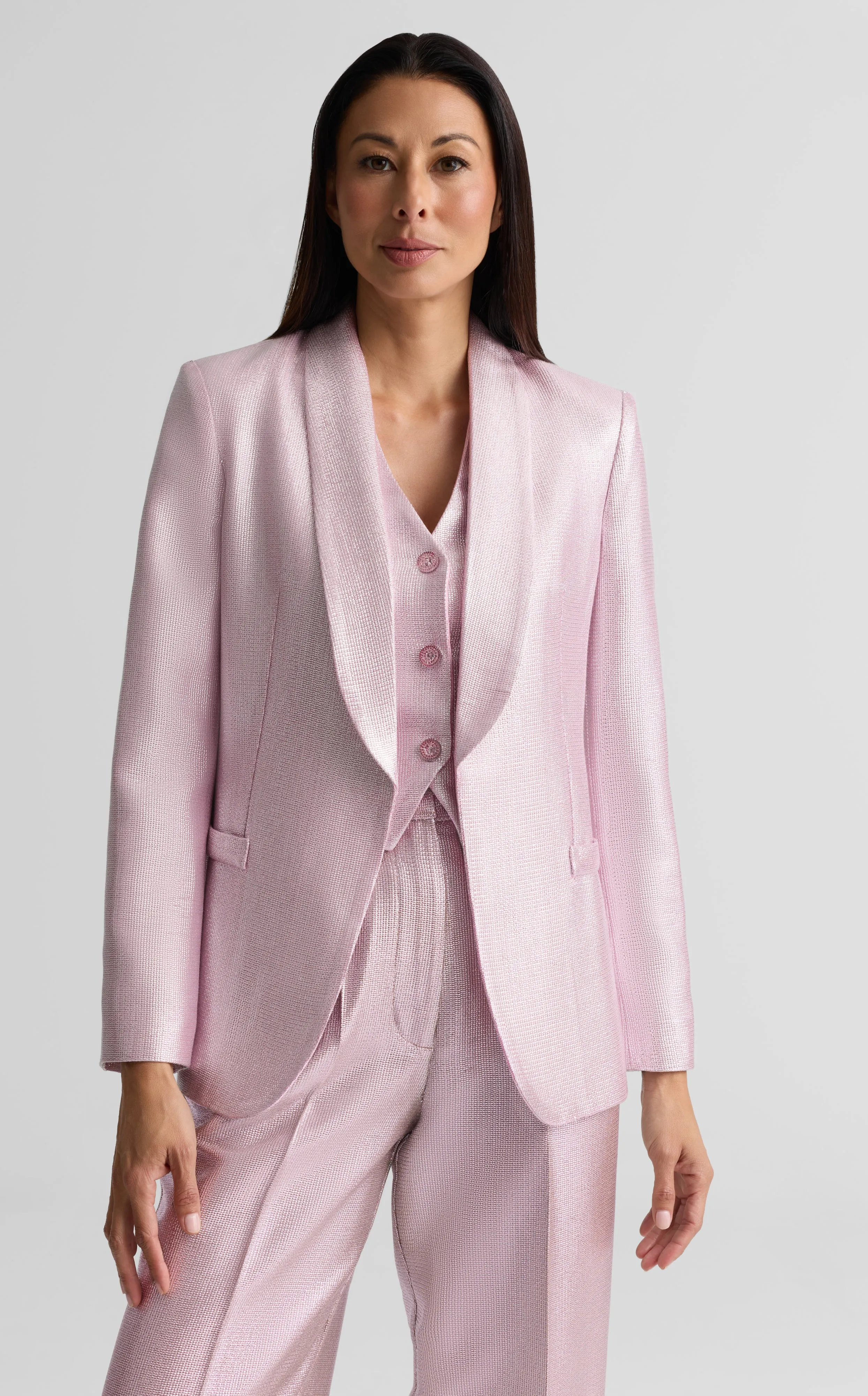 Elvie Shawl Collar Jacket in Soft Lamé Suiting sold by St. John