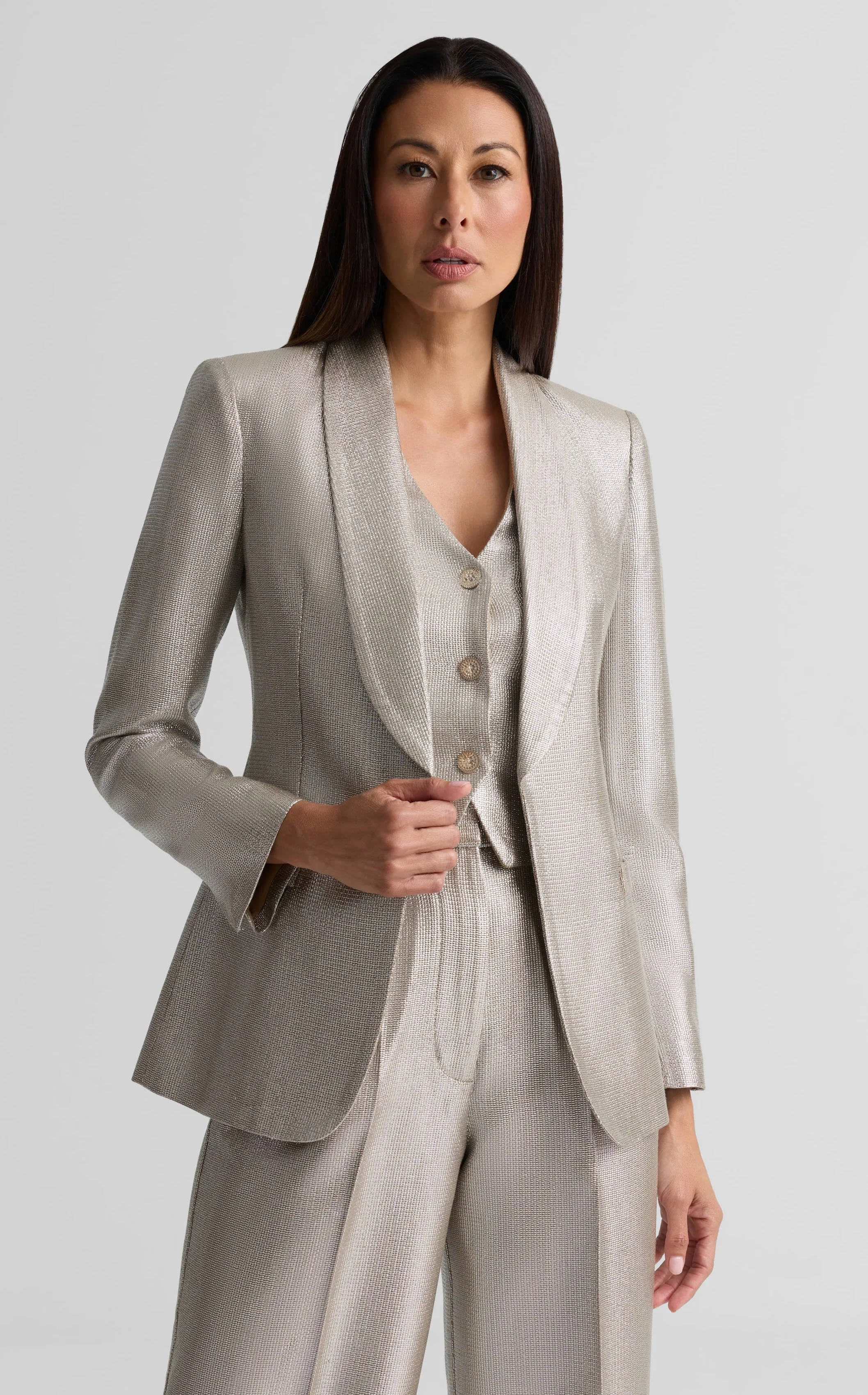 Elvie Shawl Collar Jacket in Soft Lamé Suiting sold by St. John