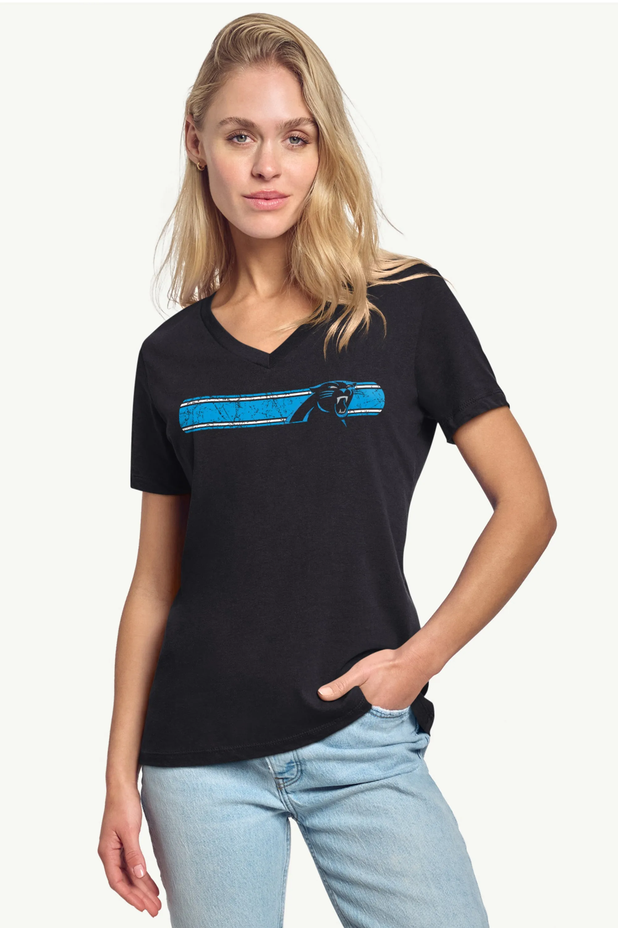 WOMENS CAROLINA PANTHERS STRIPE V-NECK T SHIRT sold by Starter product image thumbnail 2