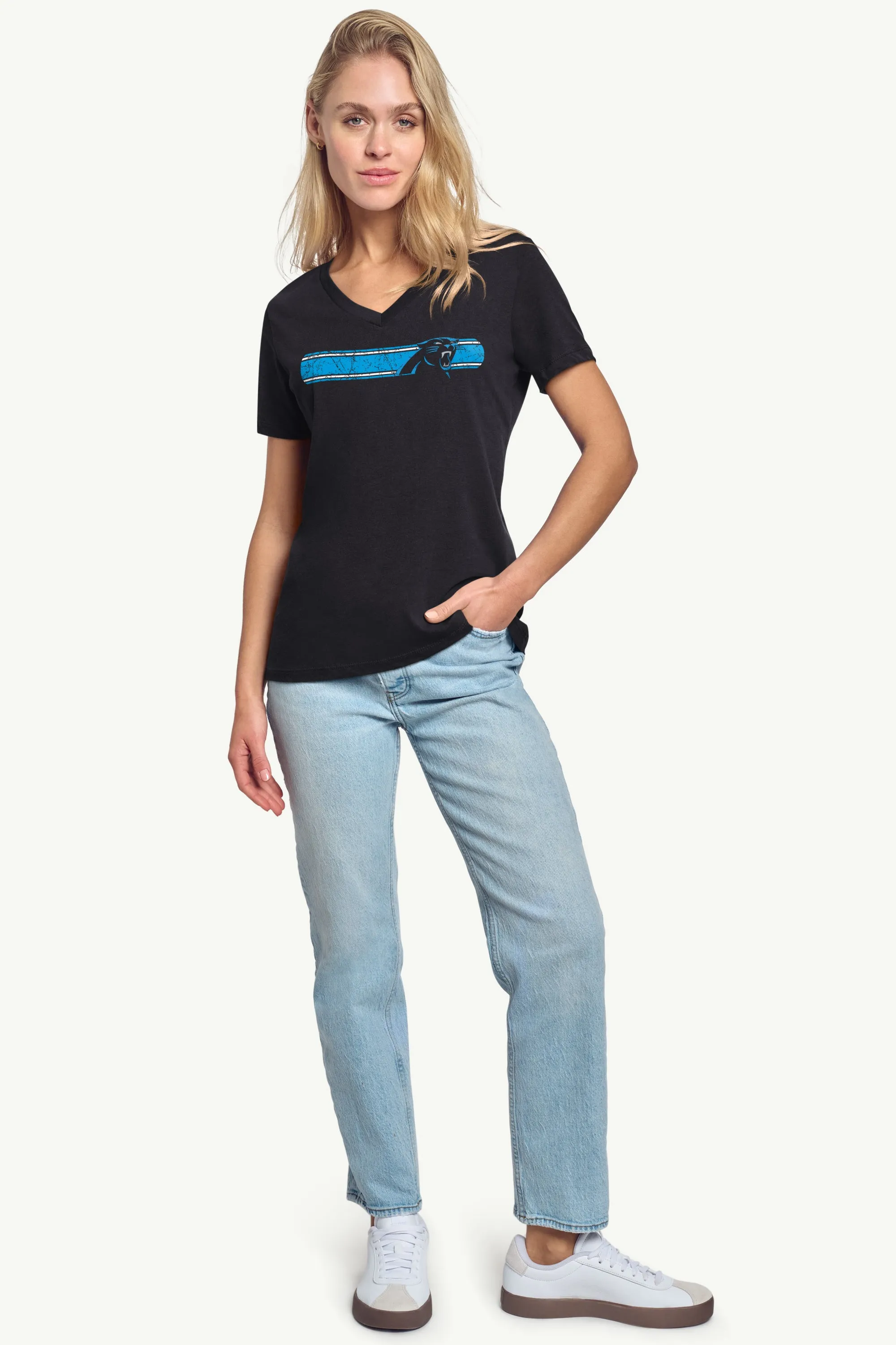 WOMENS CAROLINA PANTHERS STRIPE V-NECK T SHIRT sold by Starter product image thumbnail 3