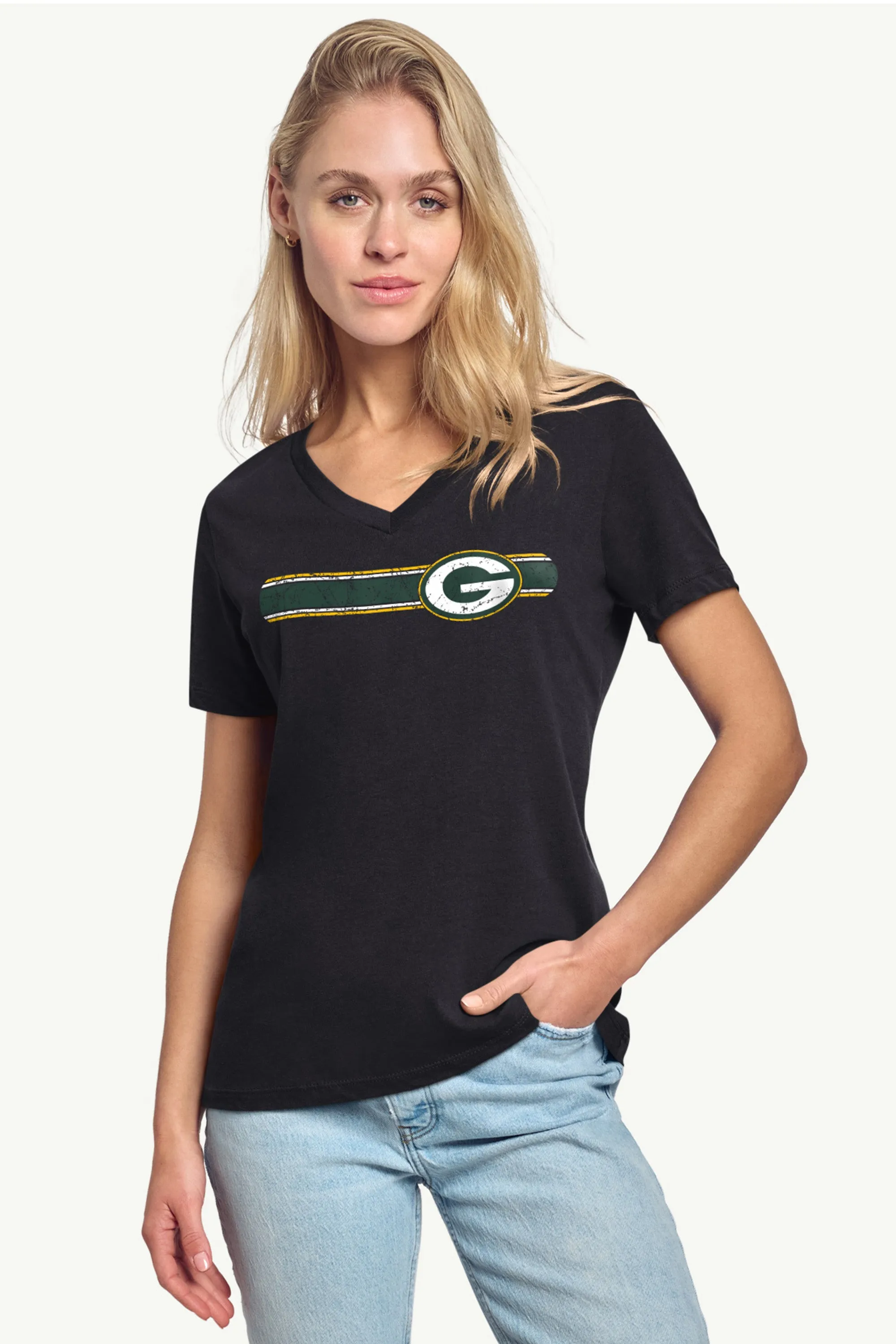 WOMENS GREEN BAY PACKERS STRIPE V-NECK T SHIRT sold by Starter product image thumbnail 2