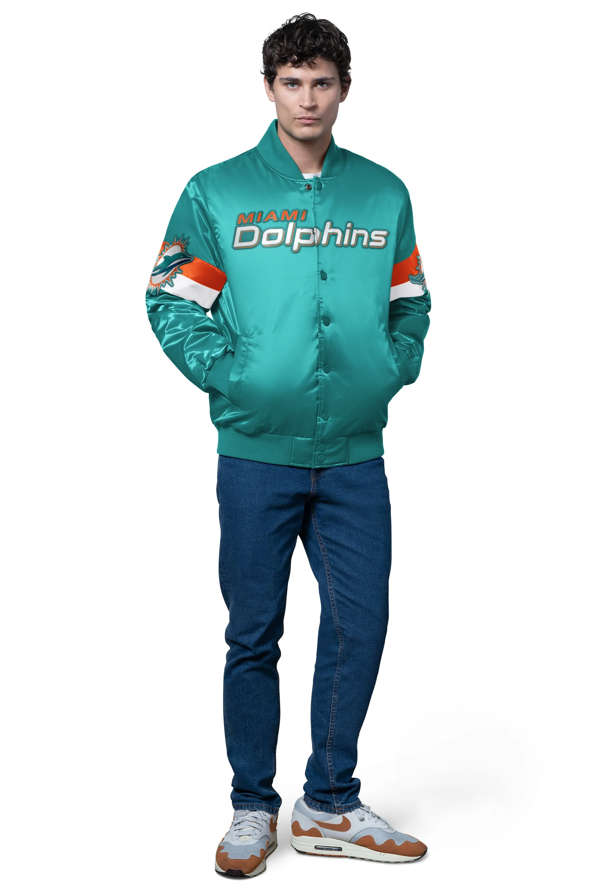 MENS MIAMI DOLPHINS TRIPLE OPTION SATIN VARSITY JACKET sold by Starter product image thumbnail 3