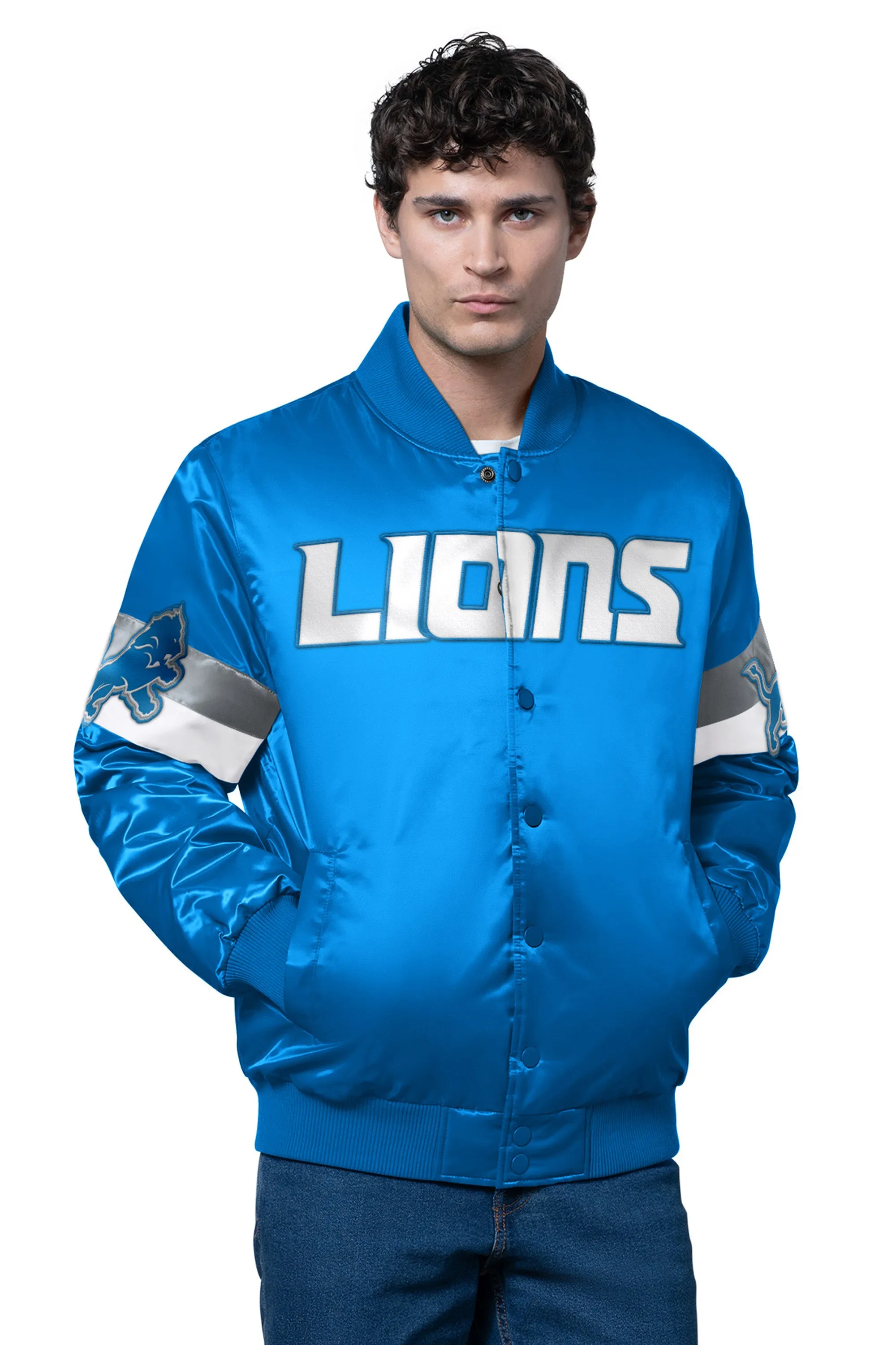 MENS DETROIT LIONS TRIPLE OPTION SATIN VARSITY JACKET sold by Starter