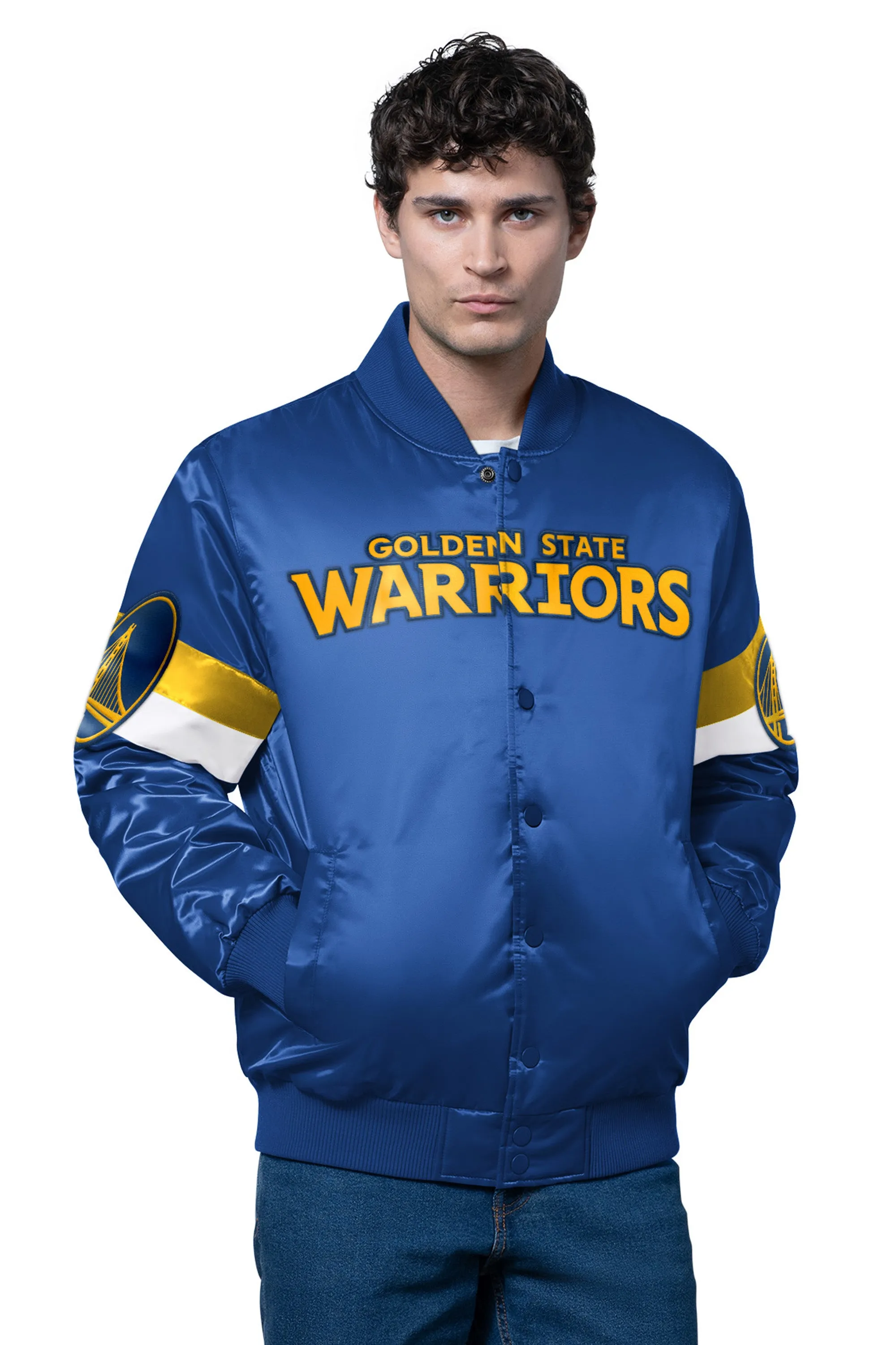 MENS GOLDEN STATE WARRIORS TRIPLE OPTION SATIN VARSITY JACKET sold by Starter