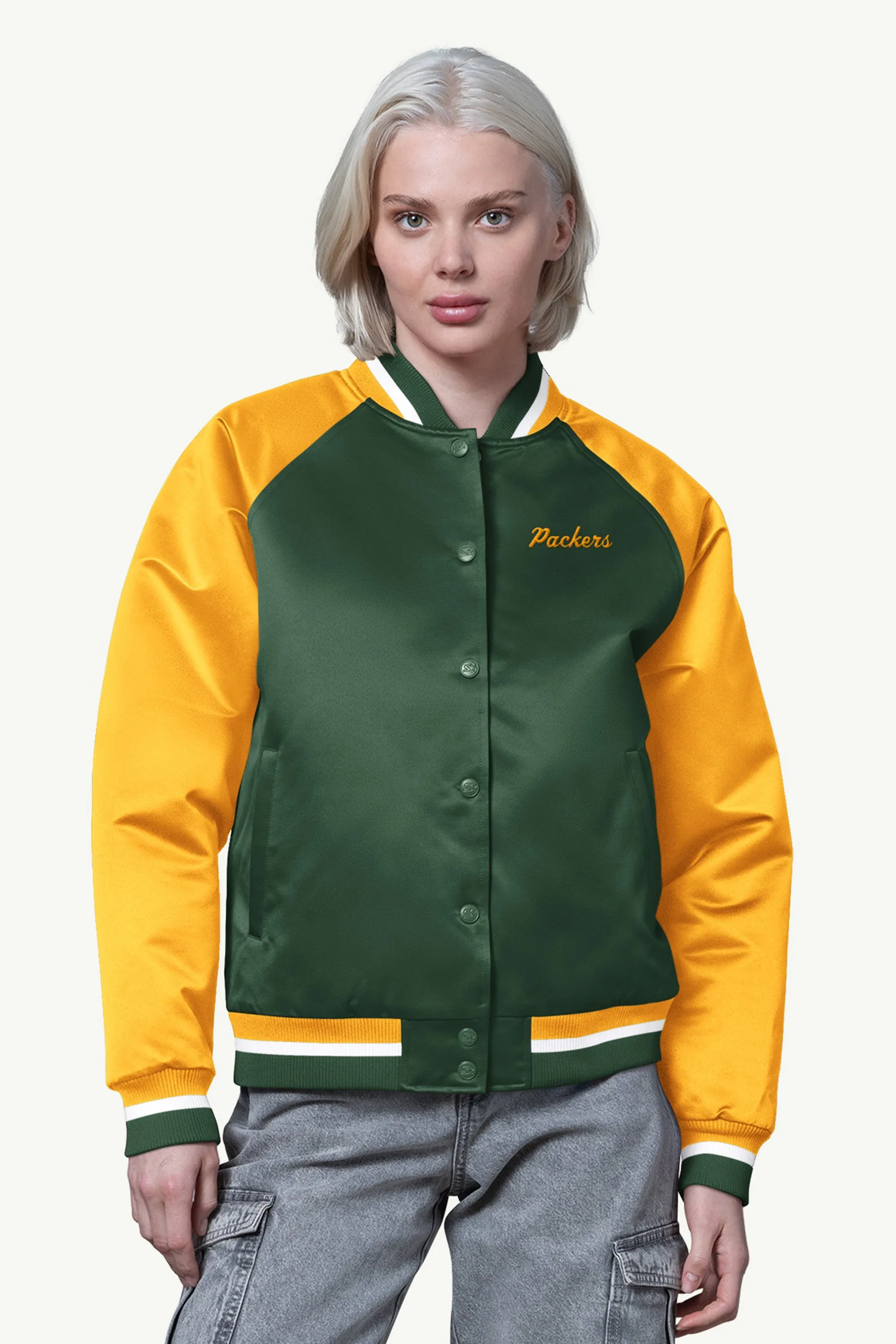 WOMENS GREEN BAY PACKERS FINAL SCORE SATIN VARSITY JACKET sold by Starter