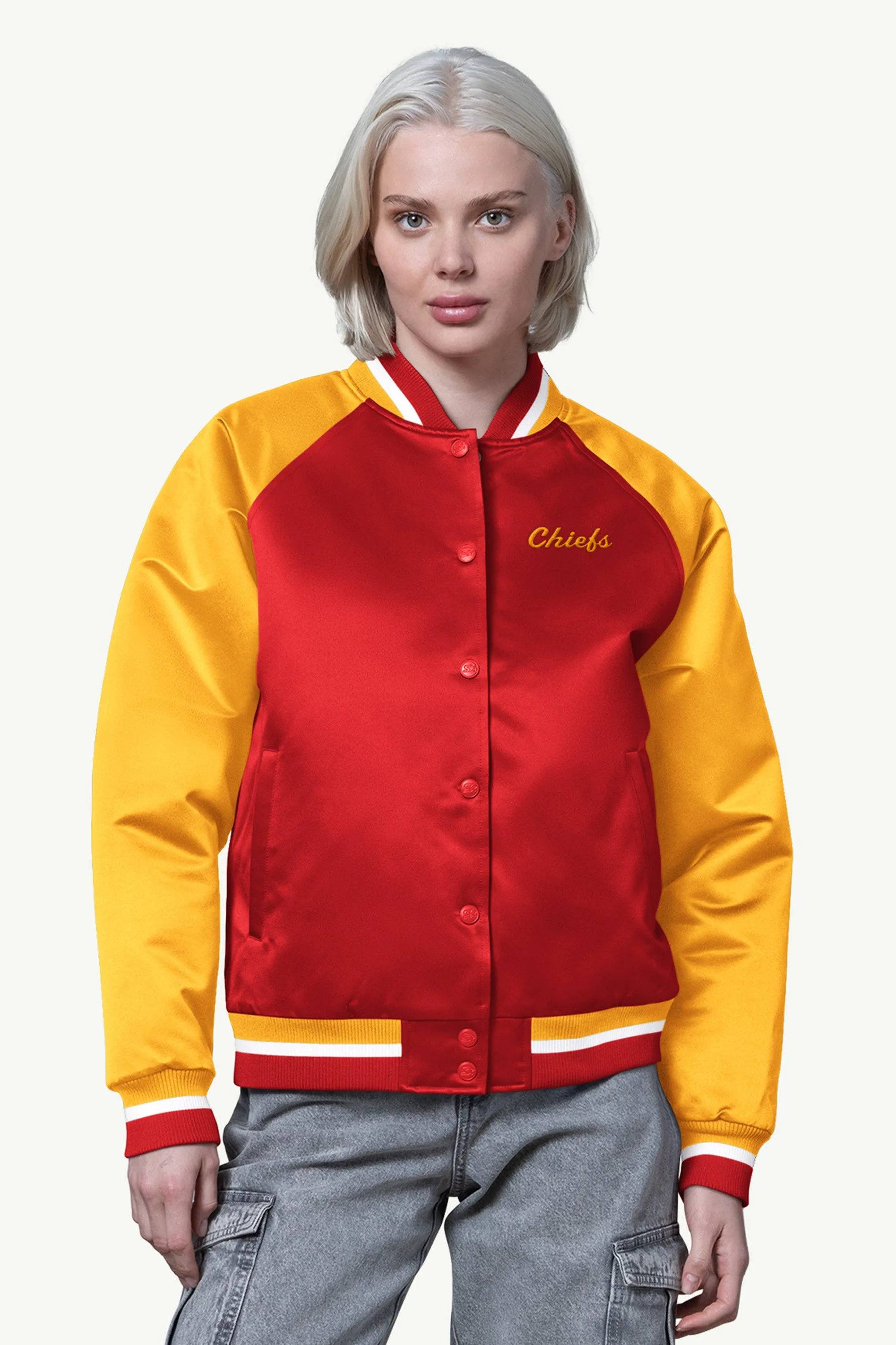 WOMENS KANSAS CITY CHIEFS FINAL SCORE SATIN VARSITY JACKET sold by Starter