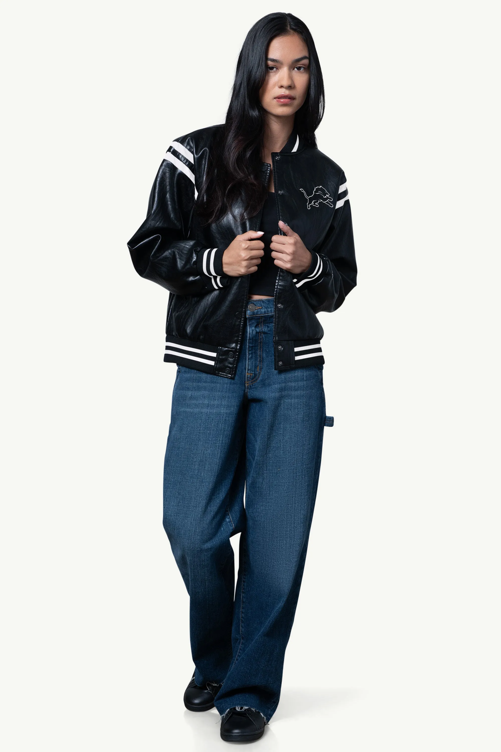 WOMENS DETROIT LIONS FAUX LEATHER VARSITY JACKET sold by Starter product image thumbnail 3