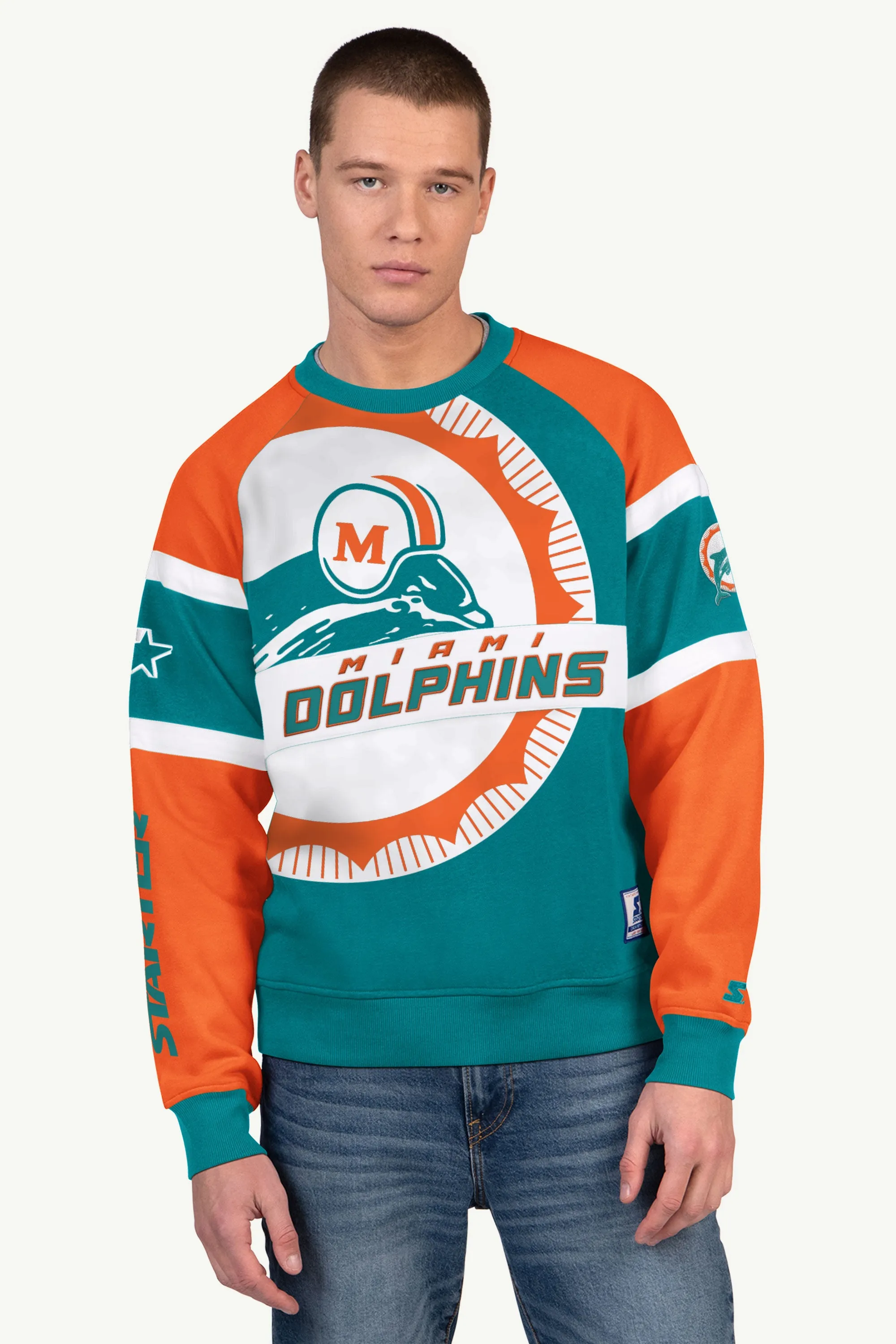 MENS MIAMI DOLPHINS DIME BACK COLORBLOCK CREWNECK sold by Starter