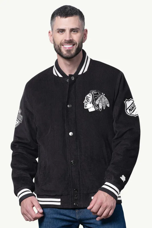 MENS CHICAGO BLACKHAWKS BLACKOUT CORDUROY VARSITY JACKET sold by Starter