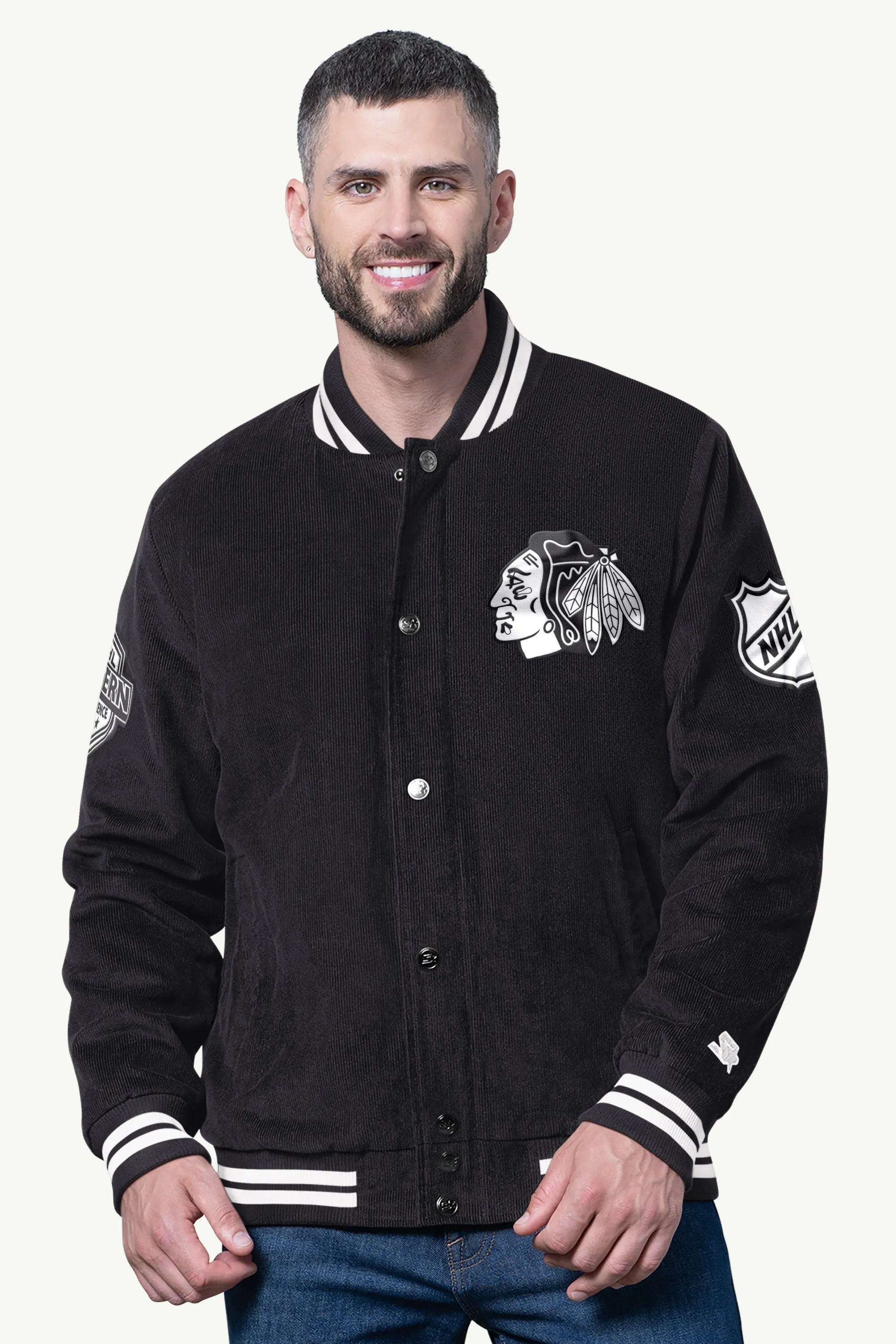 MENS CHICAGO BLACKHAWKS BLACKOUT CORDUROY VARSITY JACKET sold by Starter
