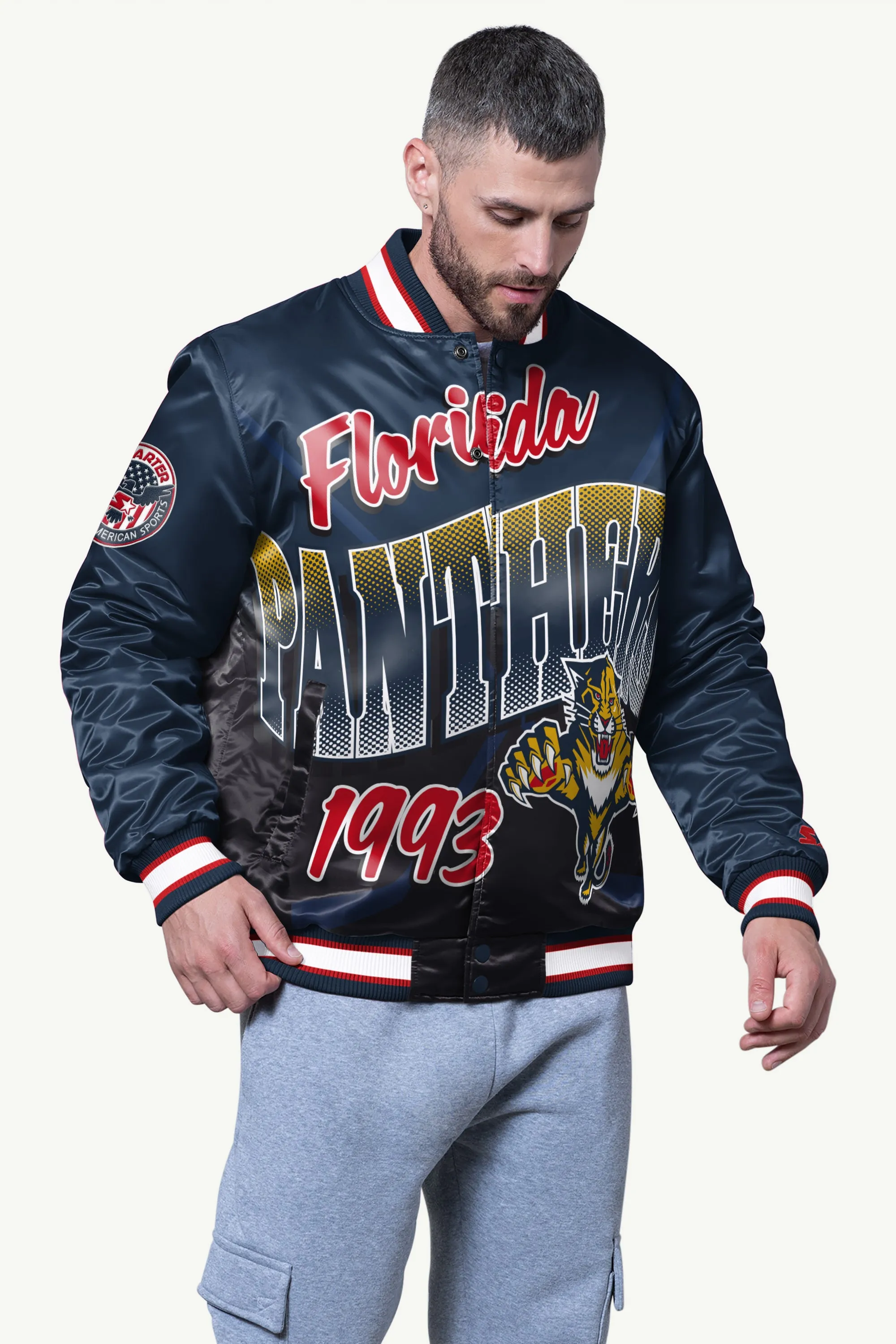 MENS FLORIDA PANTHERS PASS RUSH SATIN VARSITY JACKET sold by Starter