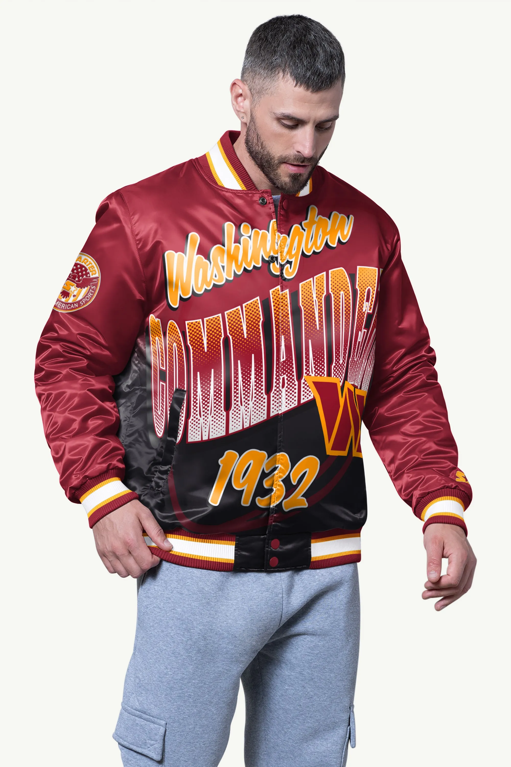 MENS WASHINGTON COMMANDERS PASS RUSH SATIN VARSITY JACKET sold by Starter