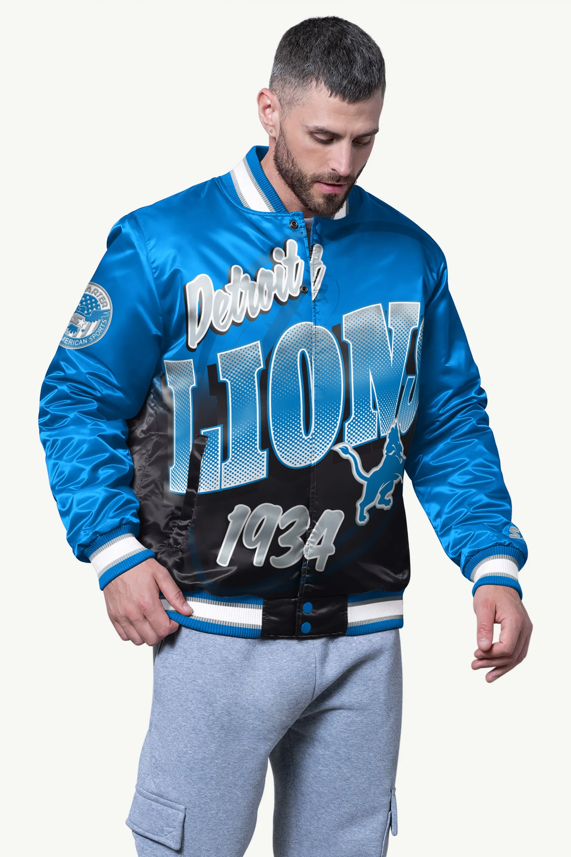 MENS DETROIT LIONS PASS RUSH SATIN VARSITY JACKET sold by Starter