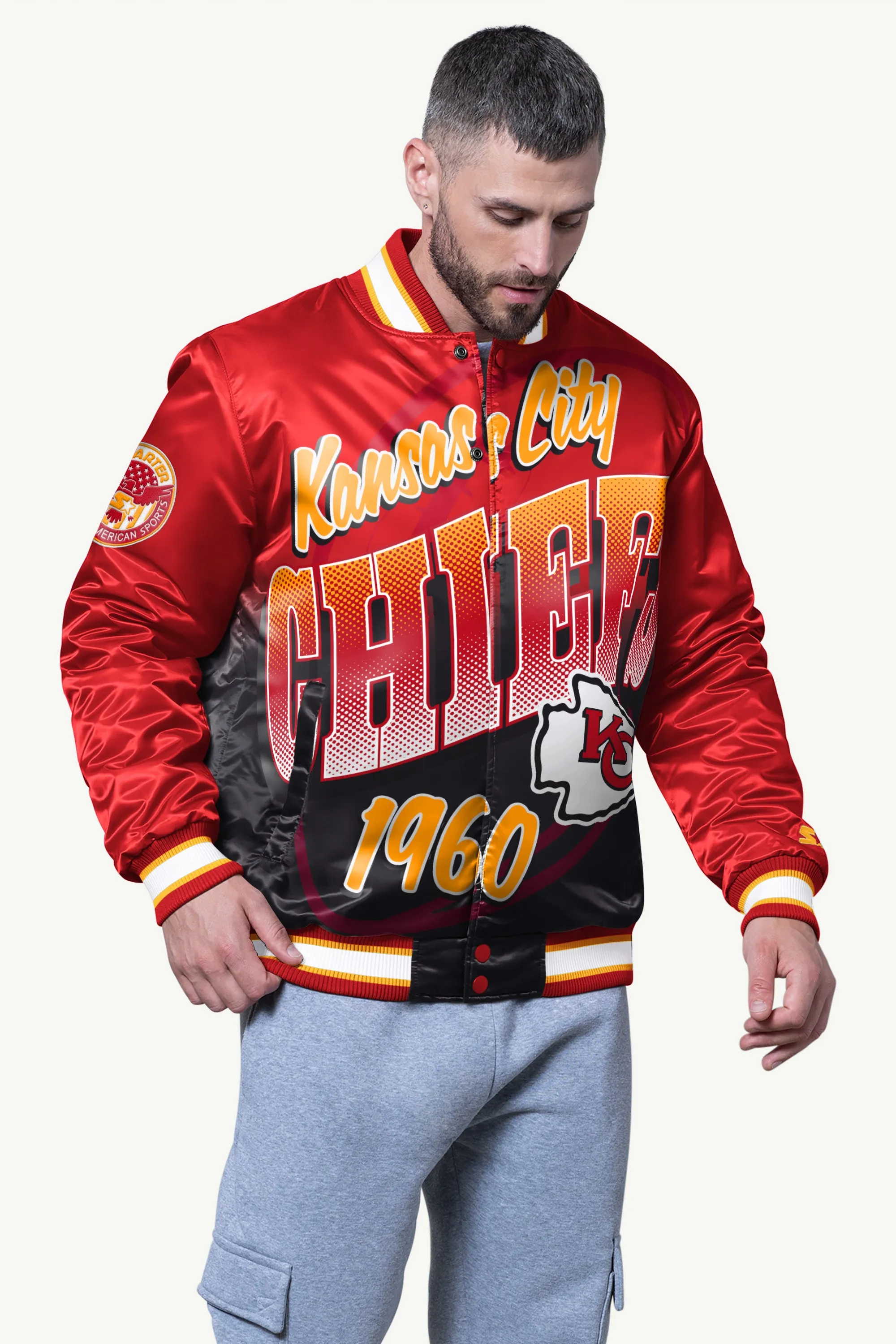 MENS KANSAS CITY CHIEFS PASS RUSH SATIN VARSITY JACKET sold by Starter