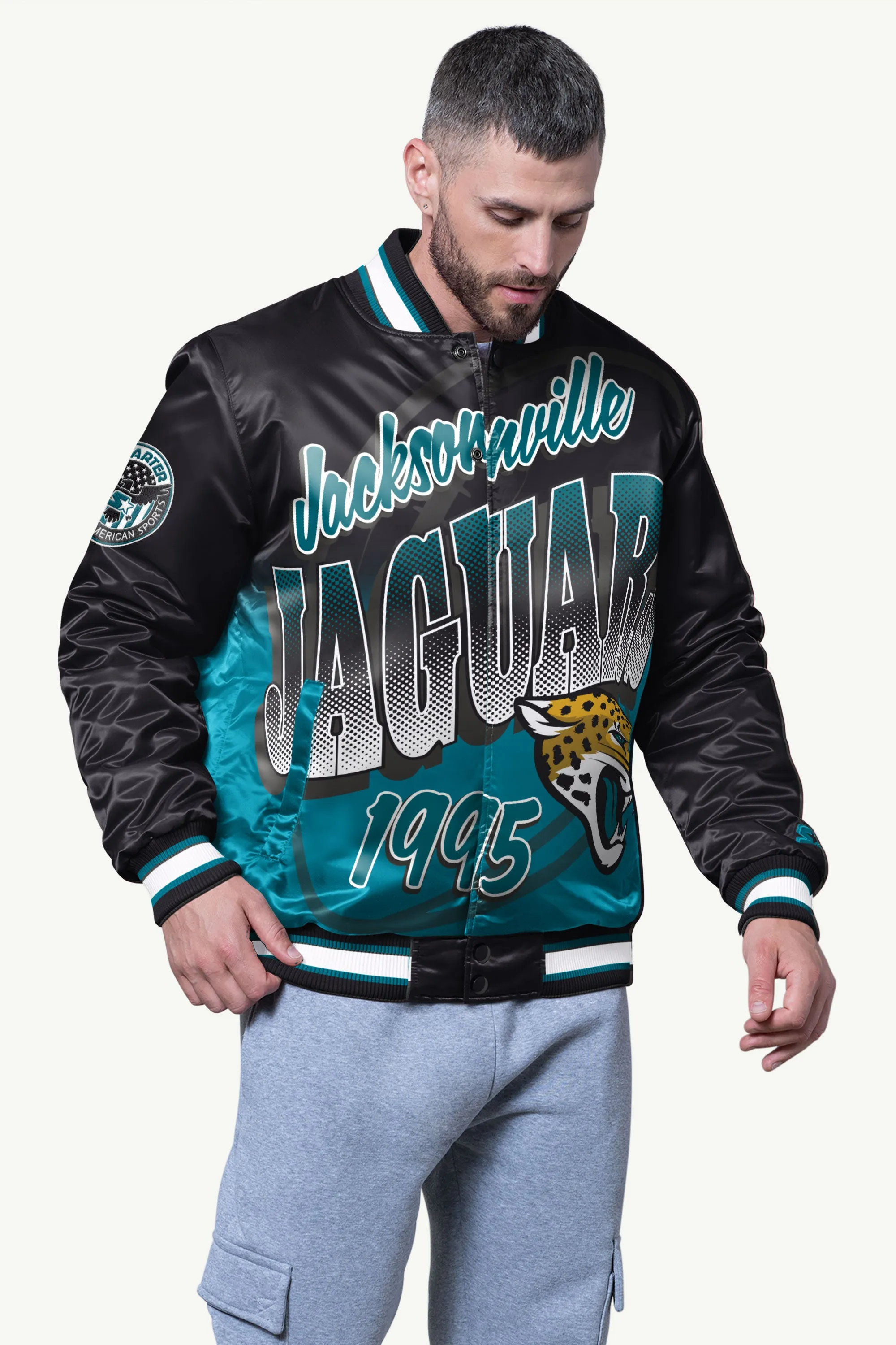 MENS JACKSONVILLE JAGUARS PASS RUSH SATIN VARSITY JACKETS sold by Starter