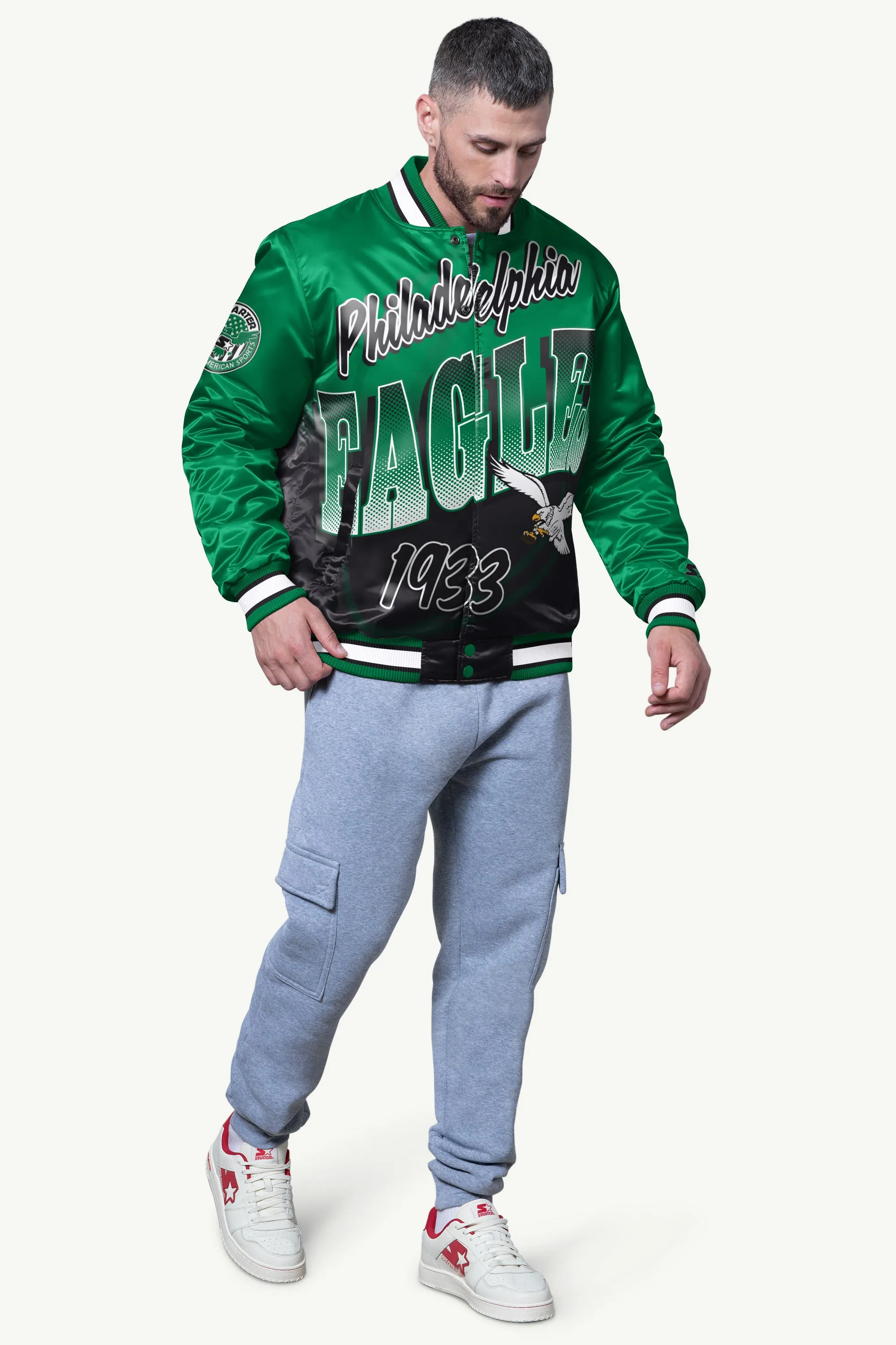 MENS PHILADELPHIA EAGLES PASS RUSH SATIN VARSITY JACKET sold by Starter product image thumbnail 3