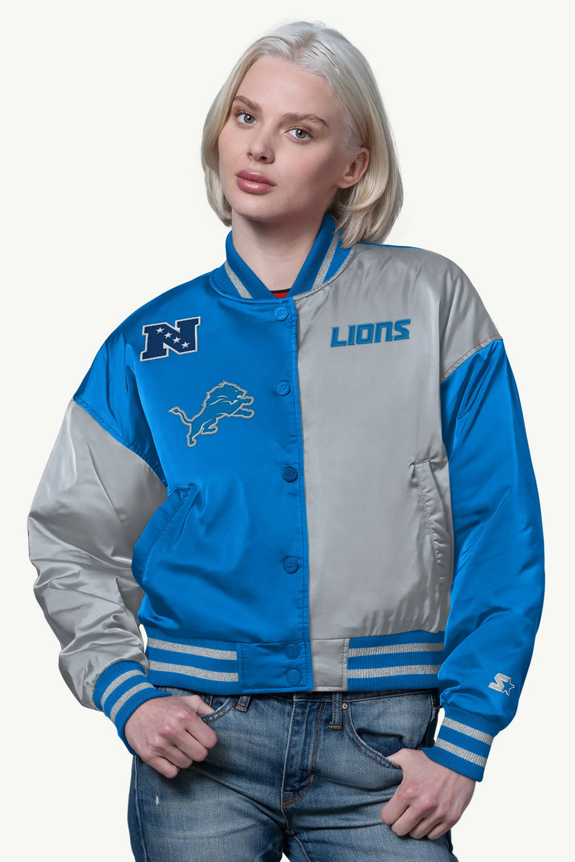 WOMENS DETROIT LIONS OFFSIDE SATIN VARSITY JACKET sold by Starter
