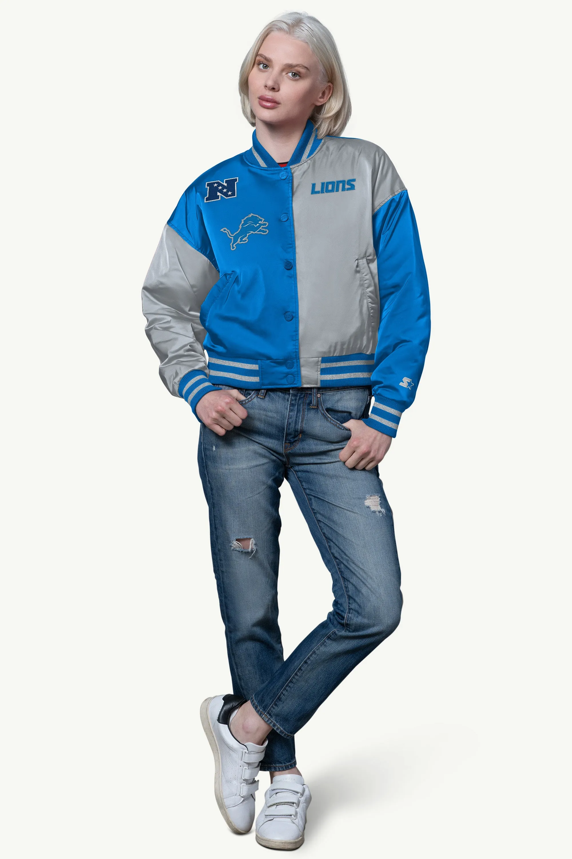 WOMENS DETROIT LIONS OFFSIDE SATIN VARSITY JACKET sold by Starter product image thumbnail 3