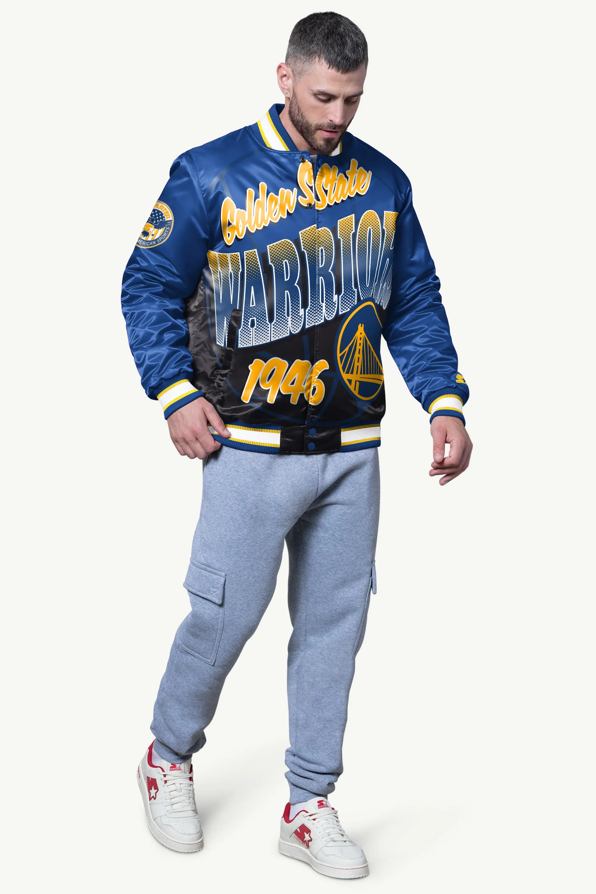 MENS GOLDEN STATE WARRIORS PASS RUSH SATIN VARSITY JACKET sold by Starter product image thumbnail 3