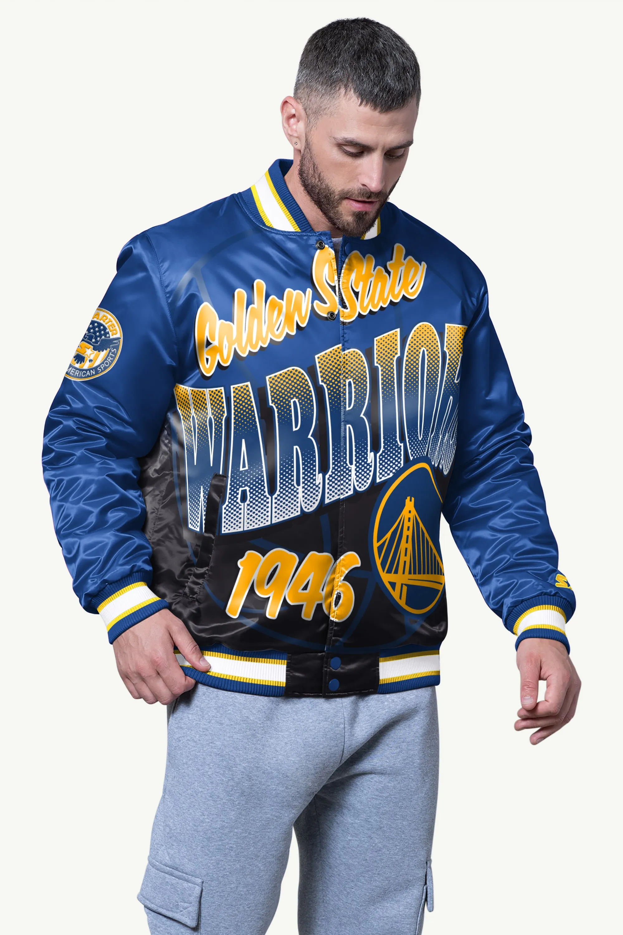 MENS GOLDEN STATE WARRIORS PASS RUSH SATIN VARSITY JACKET sold by Starter