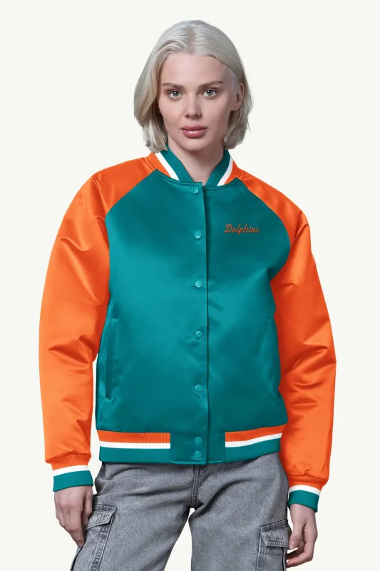 WOMENS MIAMI DOLPHINS FINAL SCORE SATIN VARSITY JACKET sold by Starter