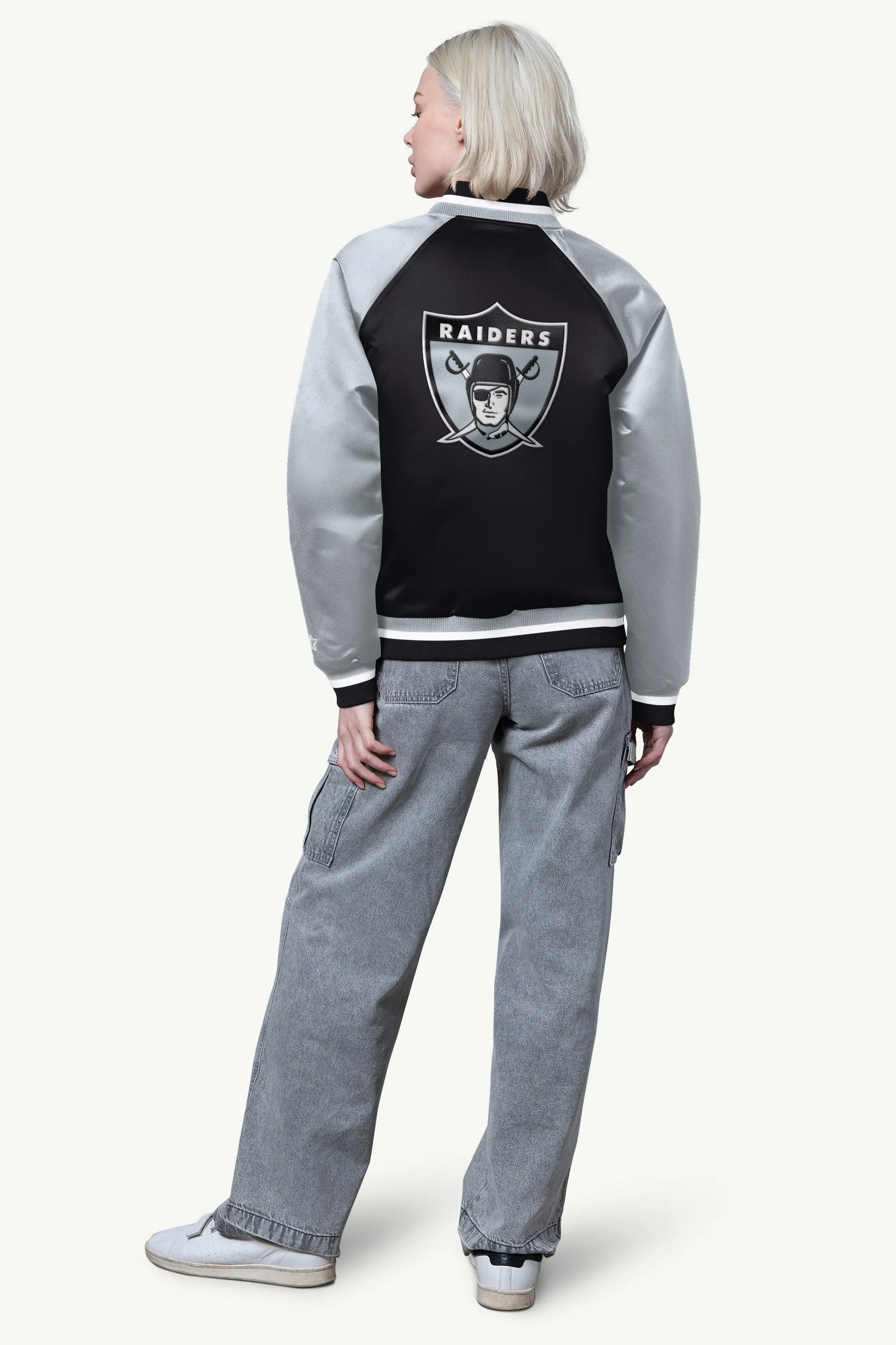 WOMENS LAS VEGAS RAIDERS FINAL SCORE SATIN VARSITY JACKET sold by Starter product image thumbnail 2