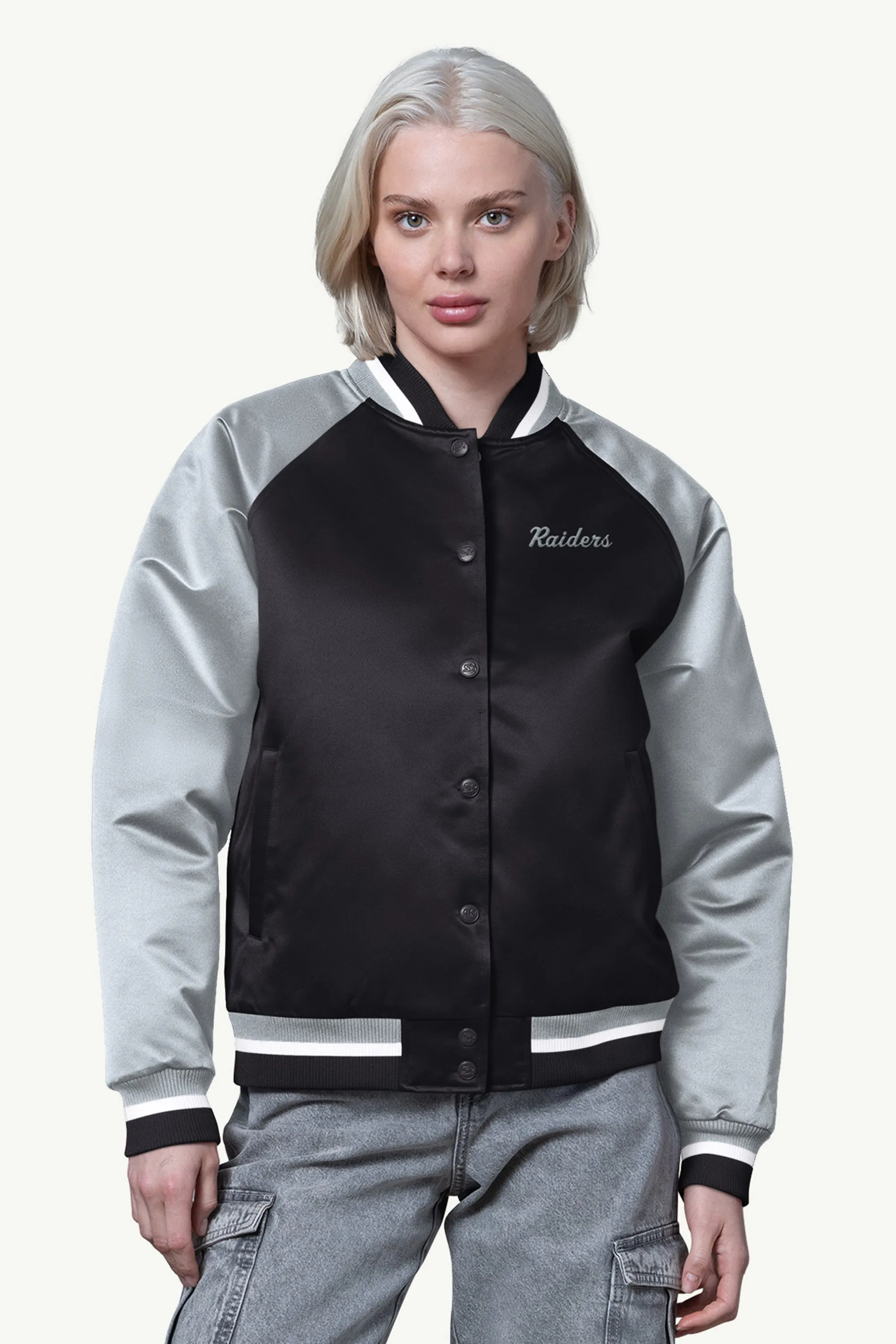 WOMENS LAS VEGAS RAIDERS FINAL SCORE SATIN VARSITY JACKET sold by Starter
