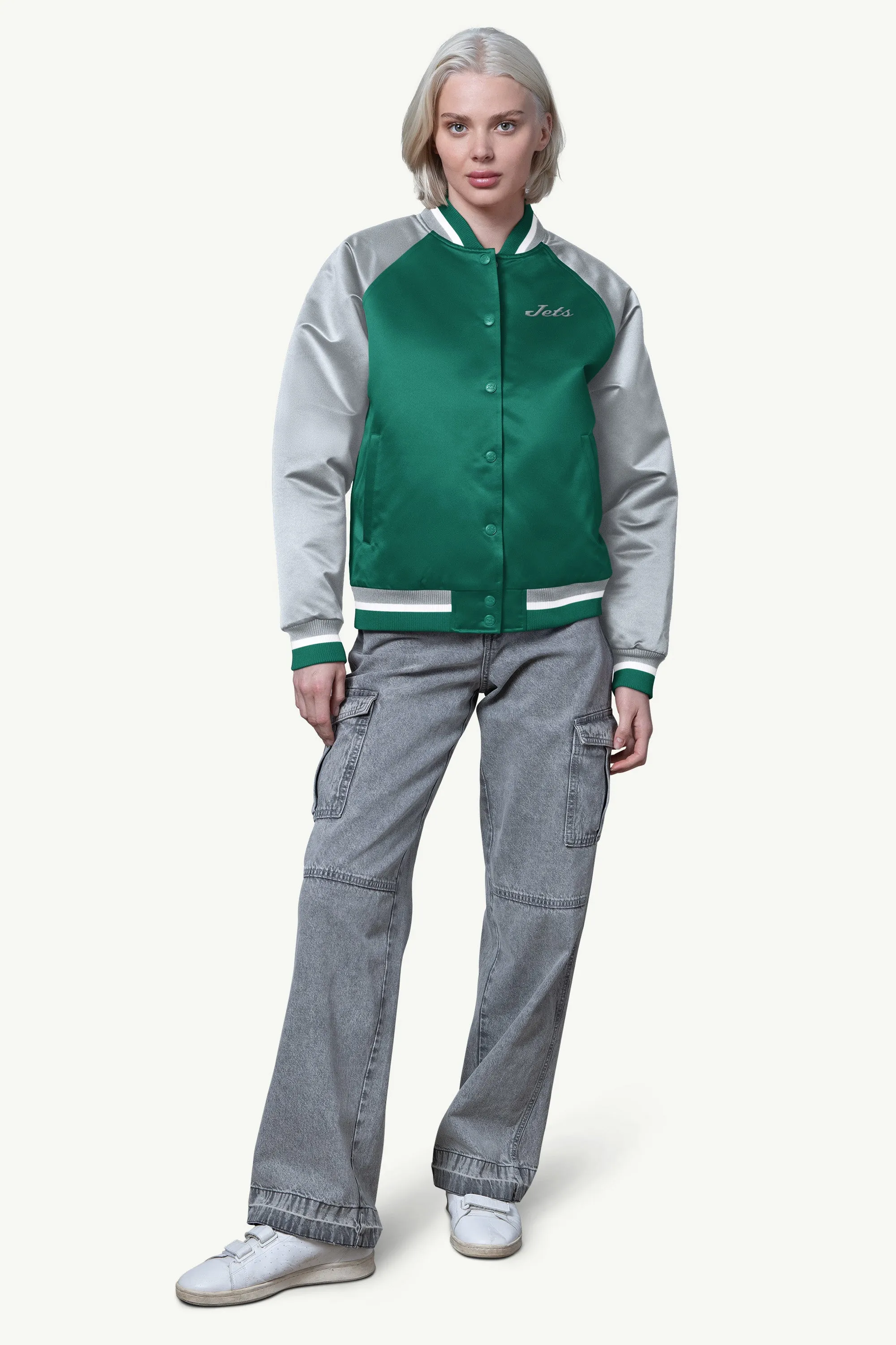 WOMENS NEW YORK JETS FINAL SCORE SATIN VARSITY JACKET sold by Starter product image thumbnail 3