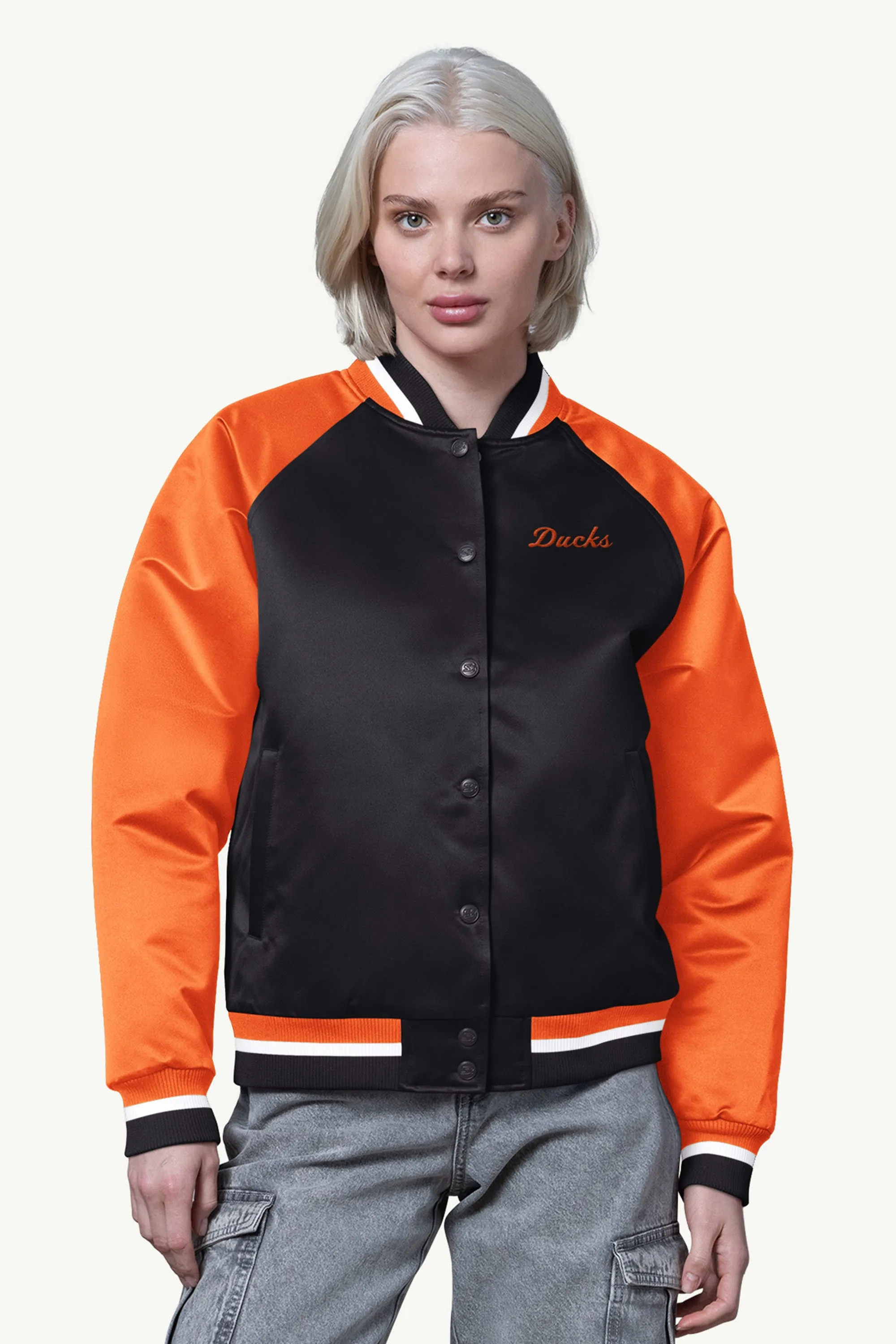 WOMENS ANAHAEIM DUCKS FINAL SCORE SATIN VARSITY JACKET sold by Starter
