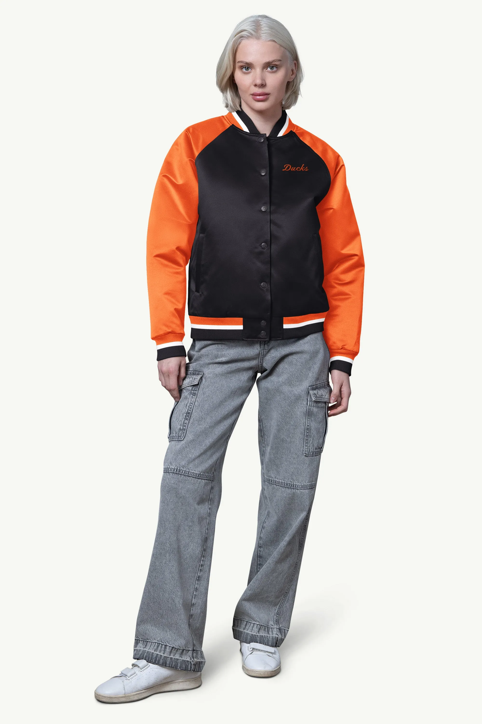 WOMENS ANAHAEIM DUCKS FINAL SCORE SATIN VARSITY JACKET sold by Starter product image thumbnail 3