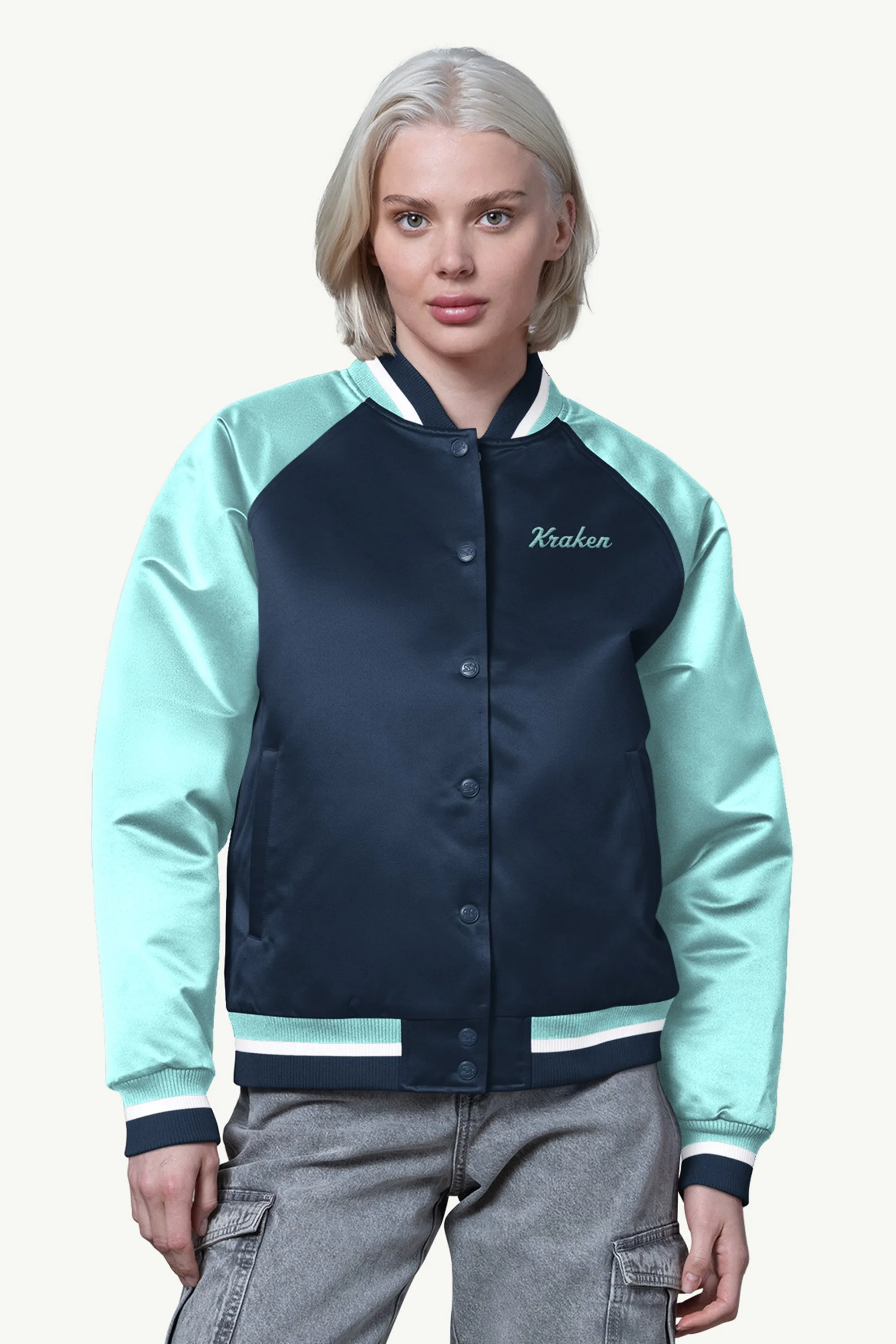 WOMENS SEATTLE KRAKEN FINAL SCORE SATIN VARSITY JACKET sold by Starter