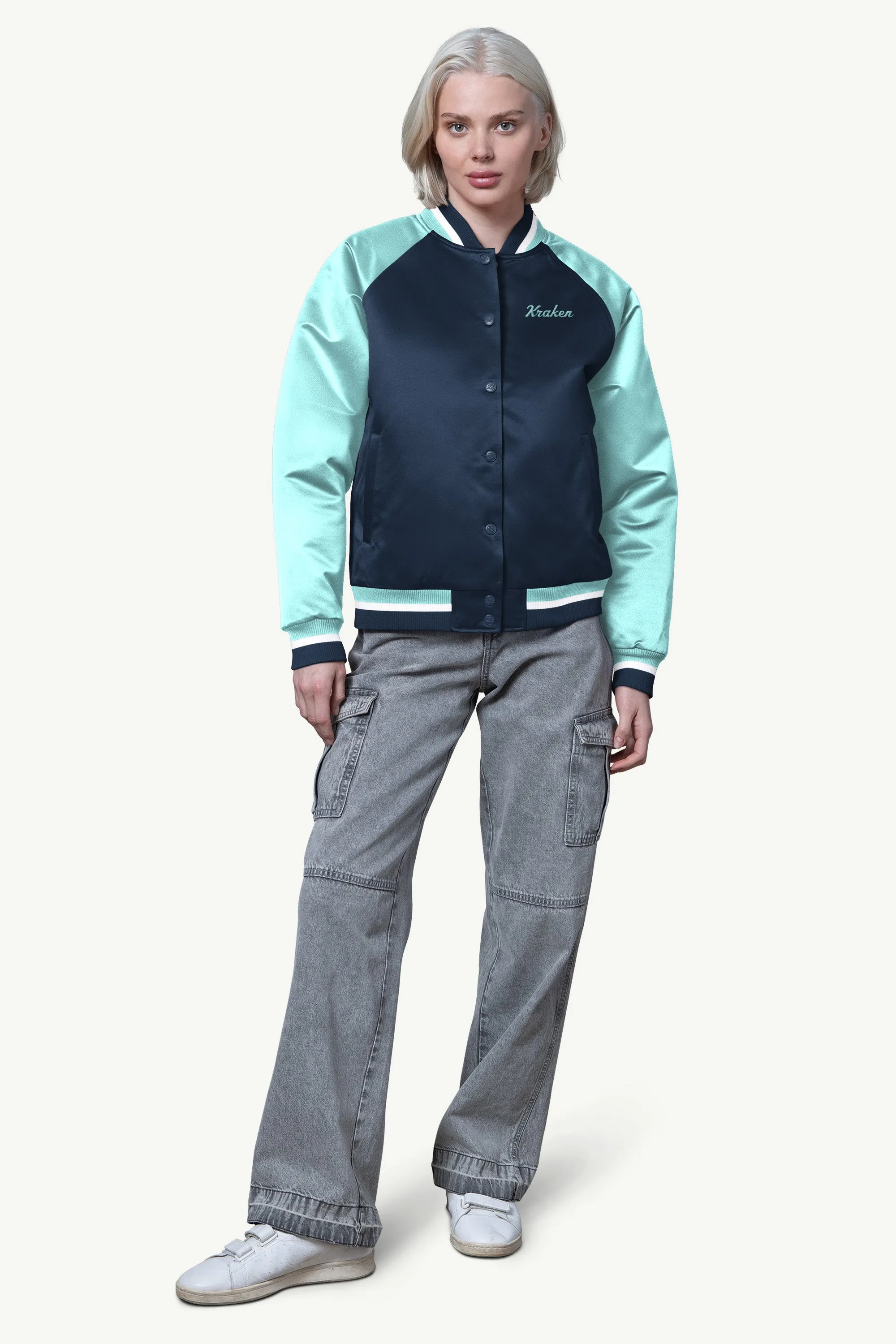 WOMENS SEATTLE KRAKEN FINAL SCORE SATIN VARSITY JACKET sold by Starter product image thumbnail 3