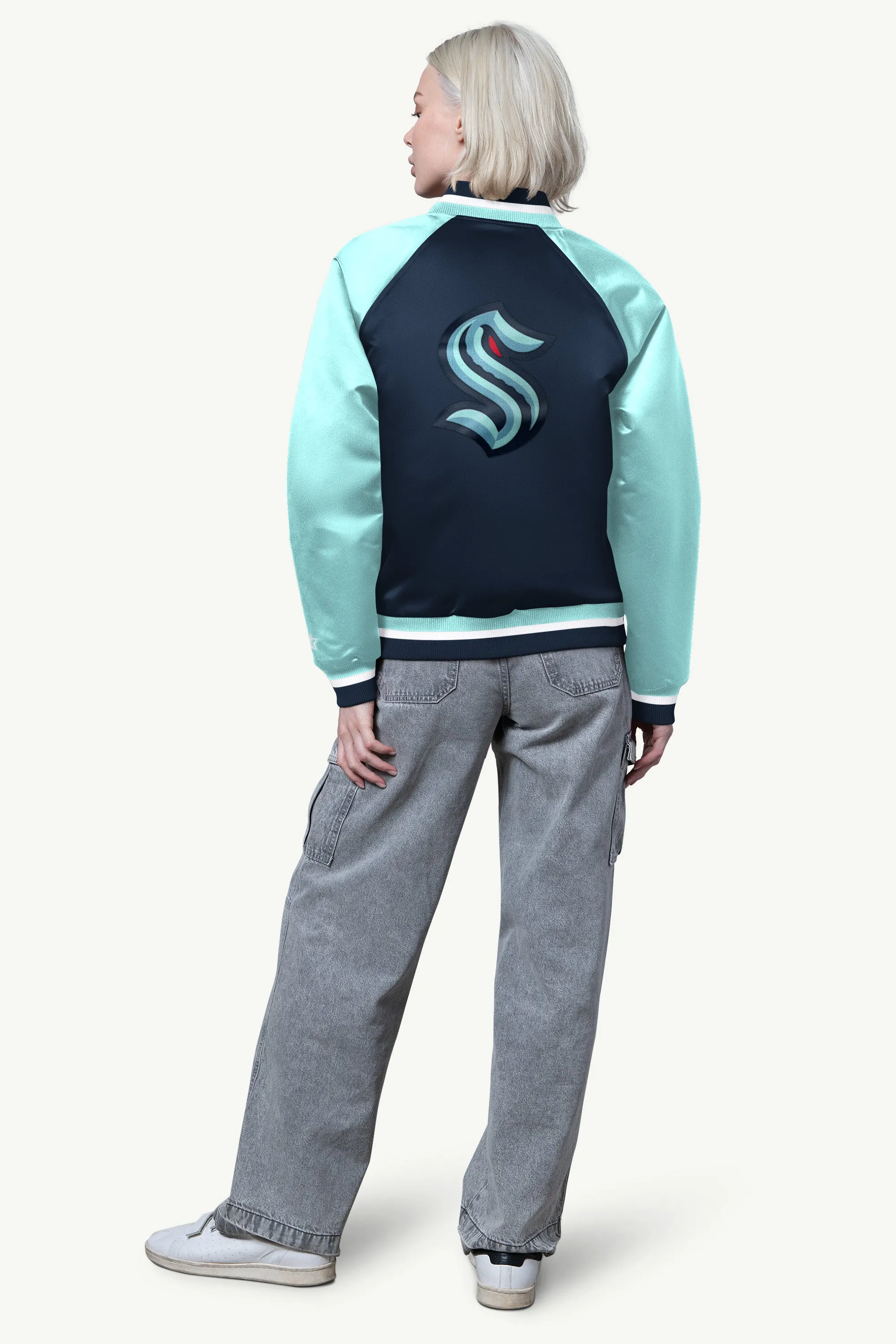 WOMENS SEATTLE KRAKEN FINAL SCORE SATIN VARSITY JACKET sold by Starter product image thumbnail 2