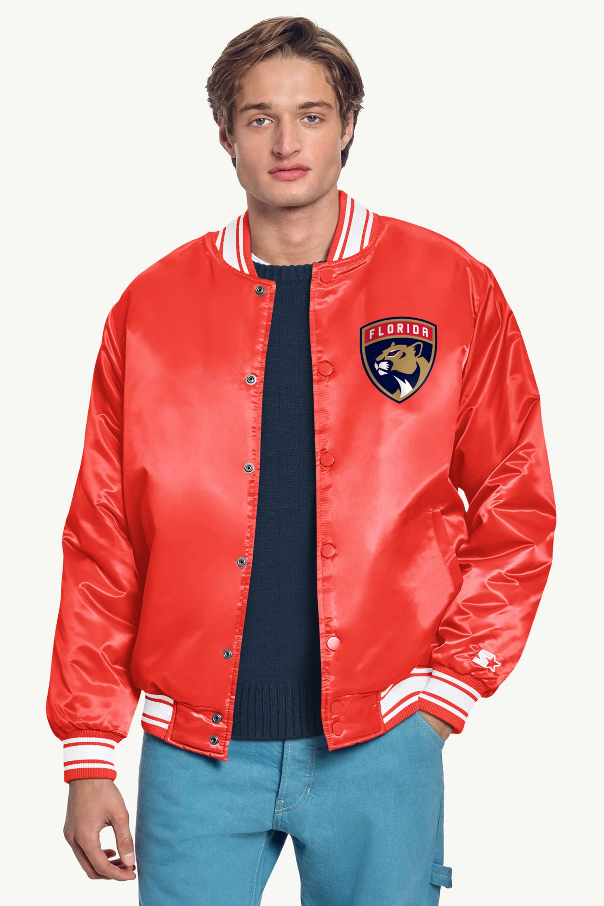 MENS FLORIDA PANTHERS PRINTED GRAPHIC TRIANGLE SATIN VARSITY JACKET sold by Starter product image thumbnail 3