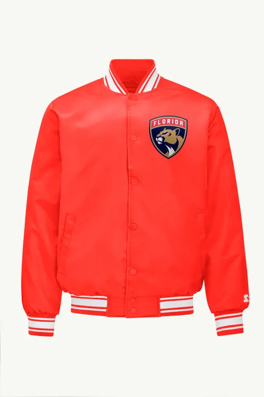 MENS FLORIDA PANTHERS PRINTED GRAPHIC TRIANGLE SATIN VARSITY JACKET made by Starter