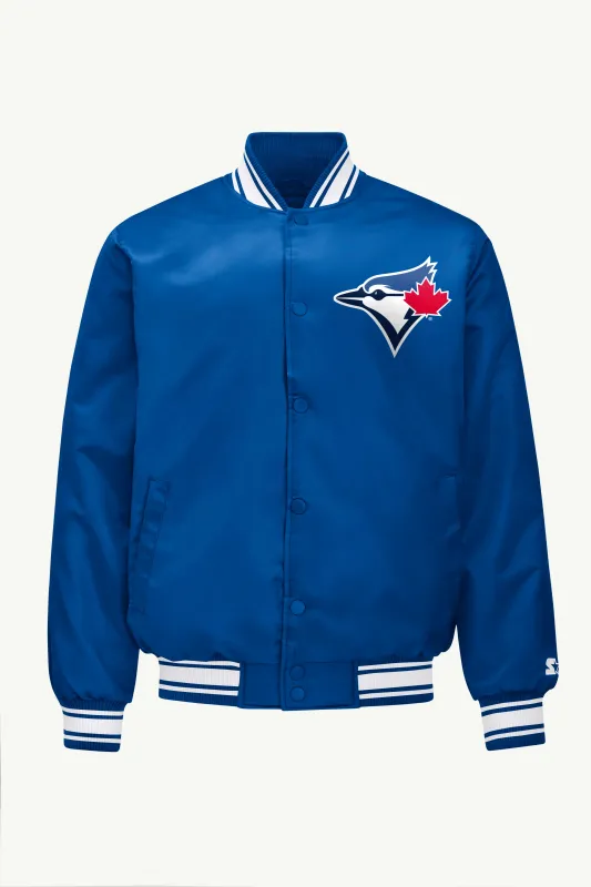 MENS TORONTO BLUE JAYS HOMEPLATE SATIN VARSITY JACKET made by Starter