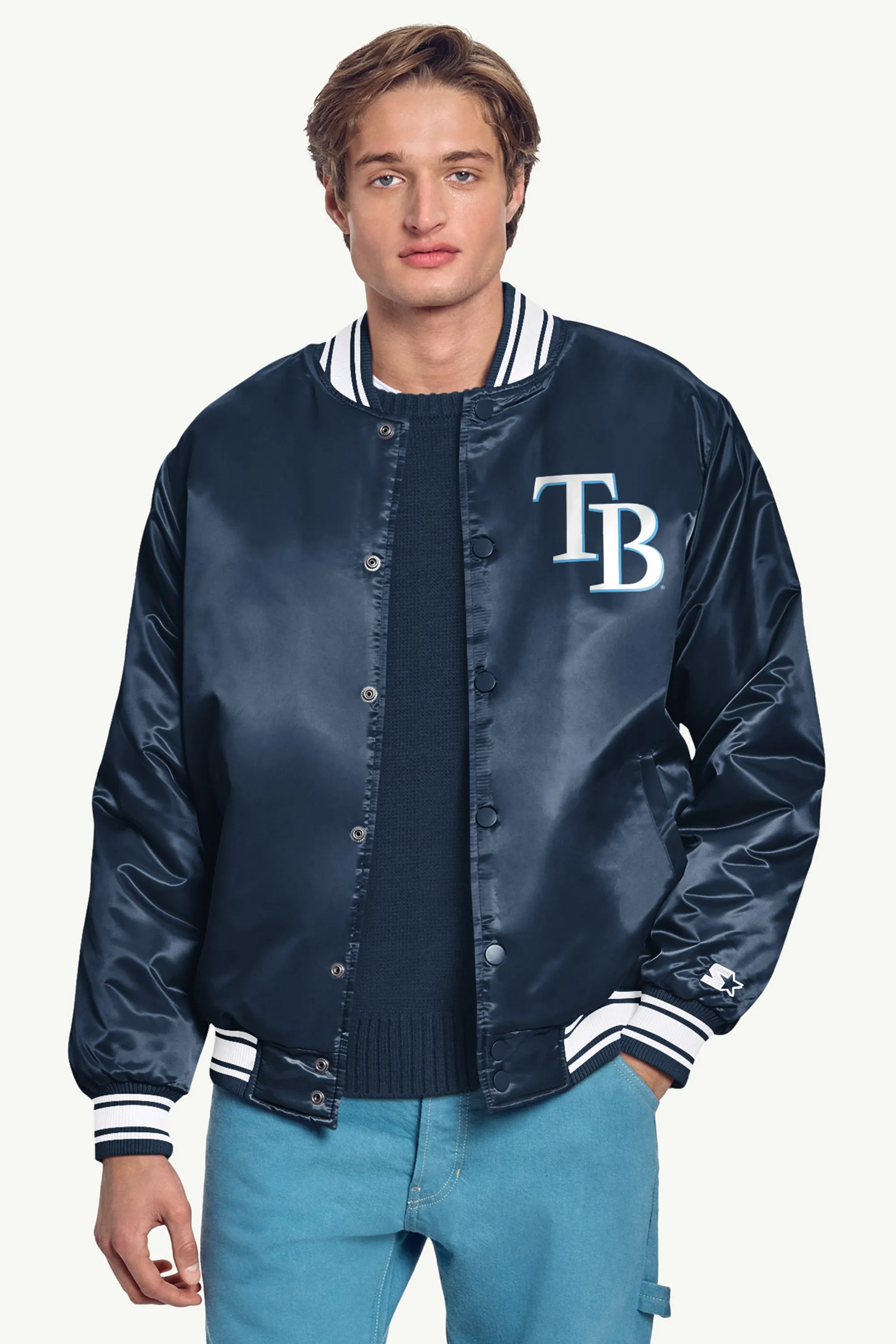 MENS TAMPA BAY RAYS PRINTED HOMEPLATE SATIN VARSITY JACKET sold by Starter product image thumbnail 3