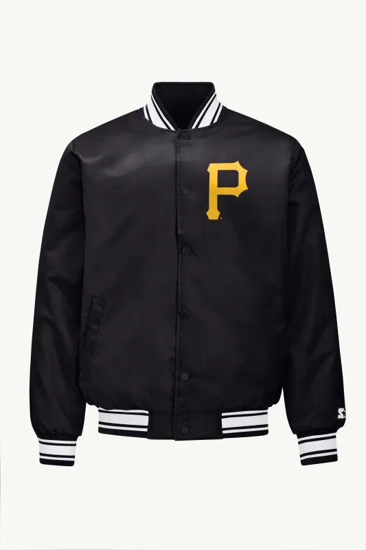 MENS PITTSBURGH PIRATES PRINTED HOMEPLATE SATIN VARSITY JACKET made by Starter
