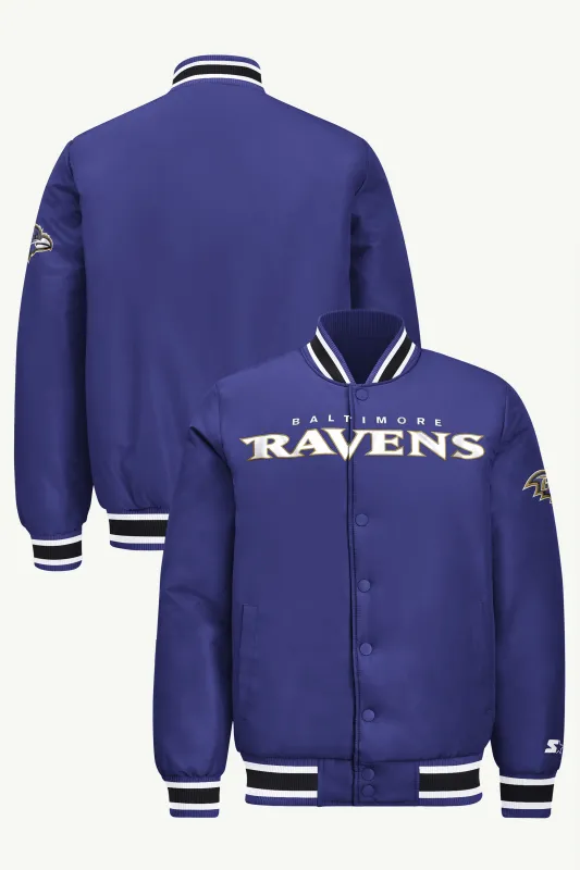 MENS BALTIMORE RAVENS ACROSS SATIN VARSITY JACKET made by Starter