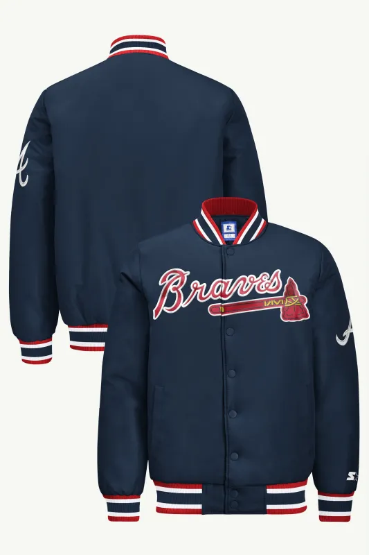 MENS ATLANTA BRAVES ACROSS SATIN VARSITY JACKET made by Starter