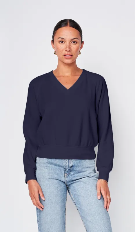 Softest Fleece Raglan V-Neck Pullover in New Navy sold by Stateside