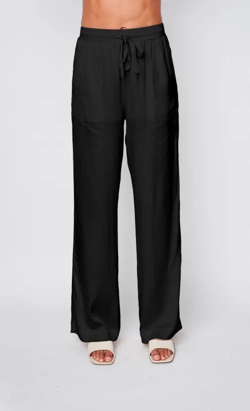 Cosmo Satin Drawstring Pant in Black sold by Stateside