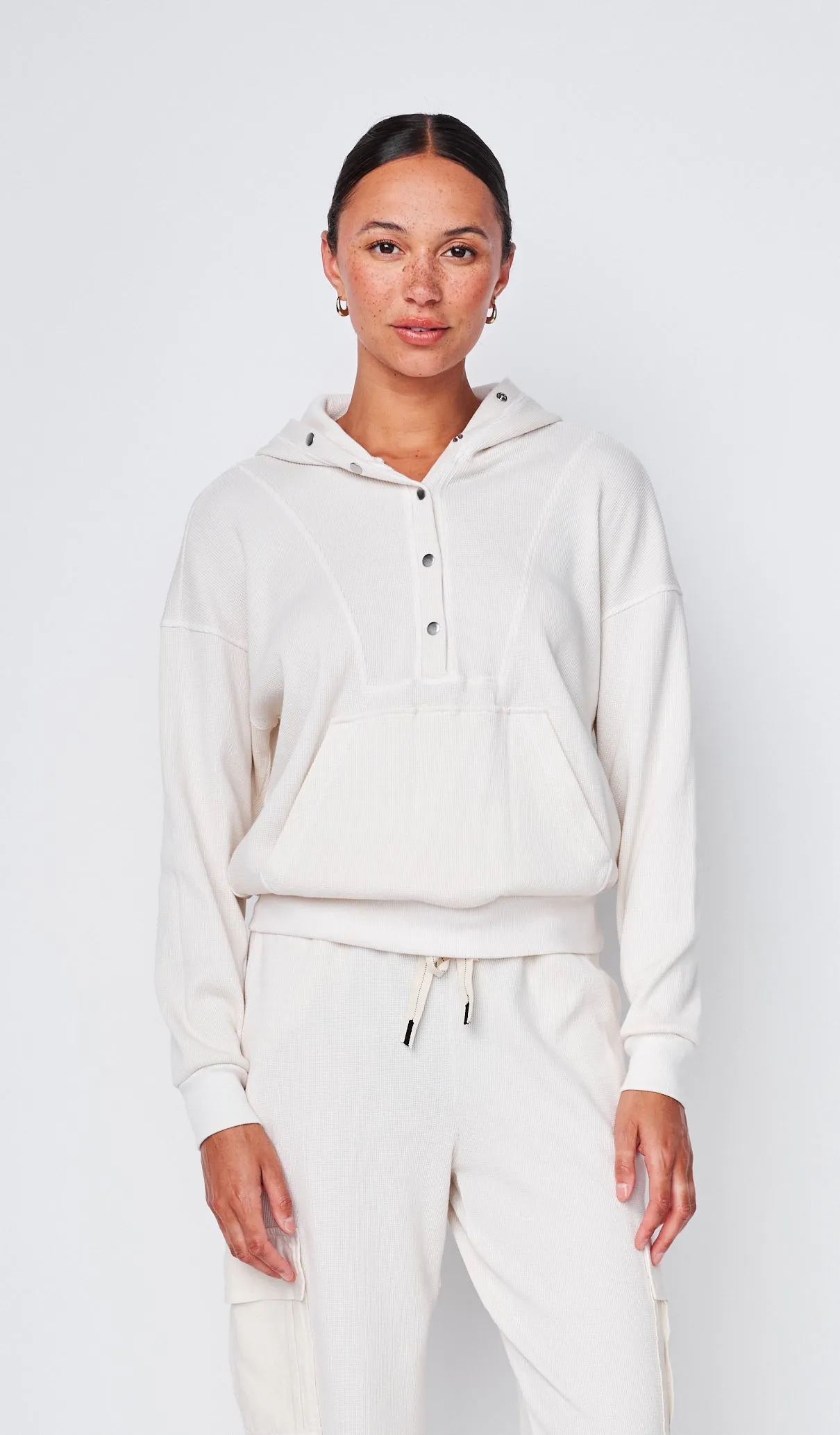 Micro Thermal Hood Pullover in Cream sold by Stateside