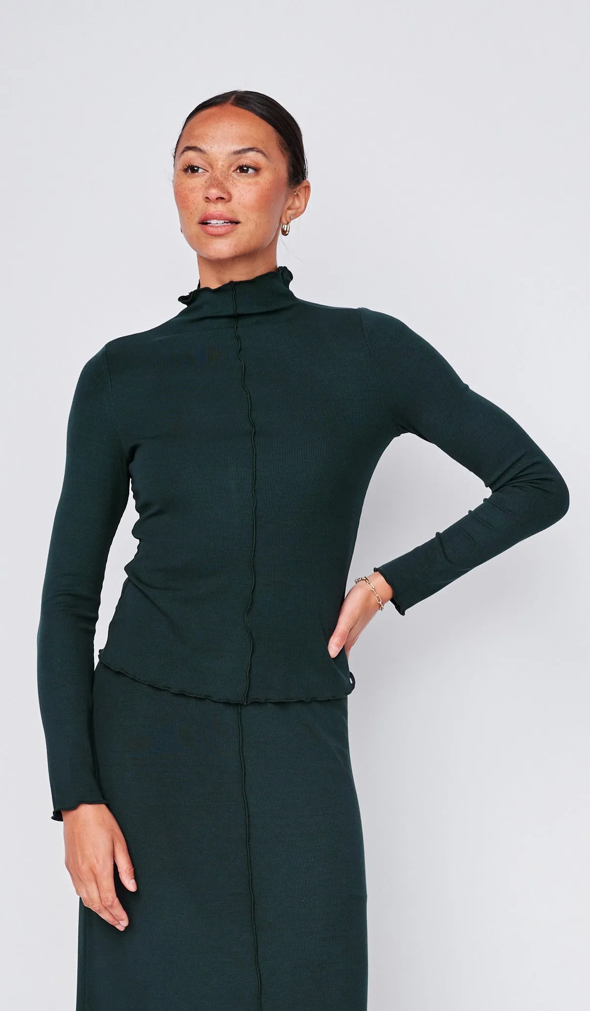 Fine 2X1 Rib Long Sleeve Mock Neck & Fine 2X1 Rib A-Line Maxi Skirt in Everfall sold by Stateside product image thumbnail 2