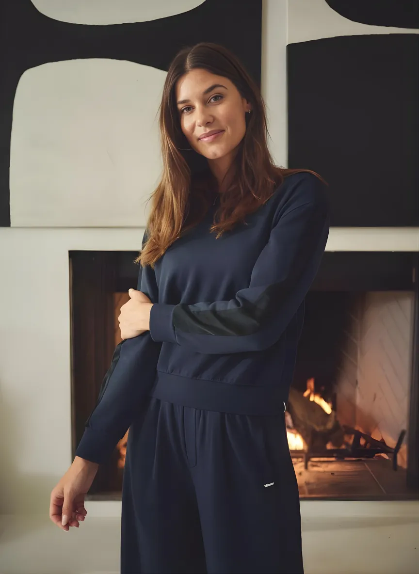 Softest Fleece Satin Trimmed Pullover & Softest Fleece Satin Trimmed Wide Leg Pant in New Navy sold by Stateside product image thumbnail 2